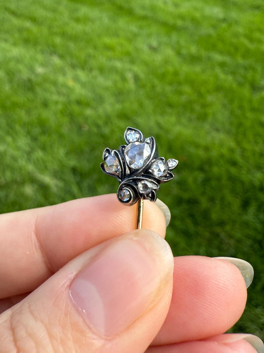Giardinetti Leaf Figural Chunky Rose Cut DIAMOND Stick Pin for Ring Pendant Bracelet Conversion 14k Gold Silver Antique Victorian Georgian