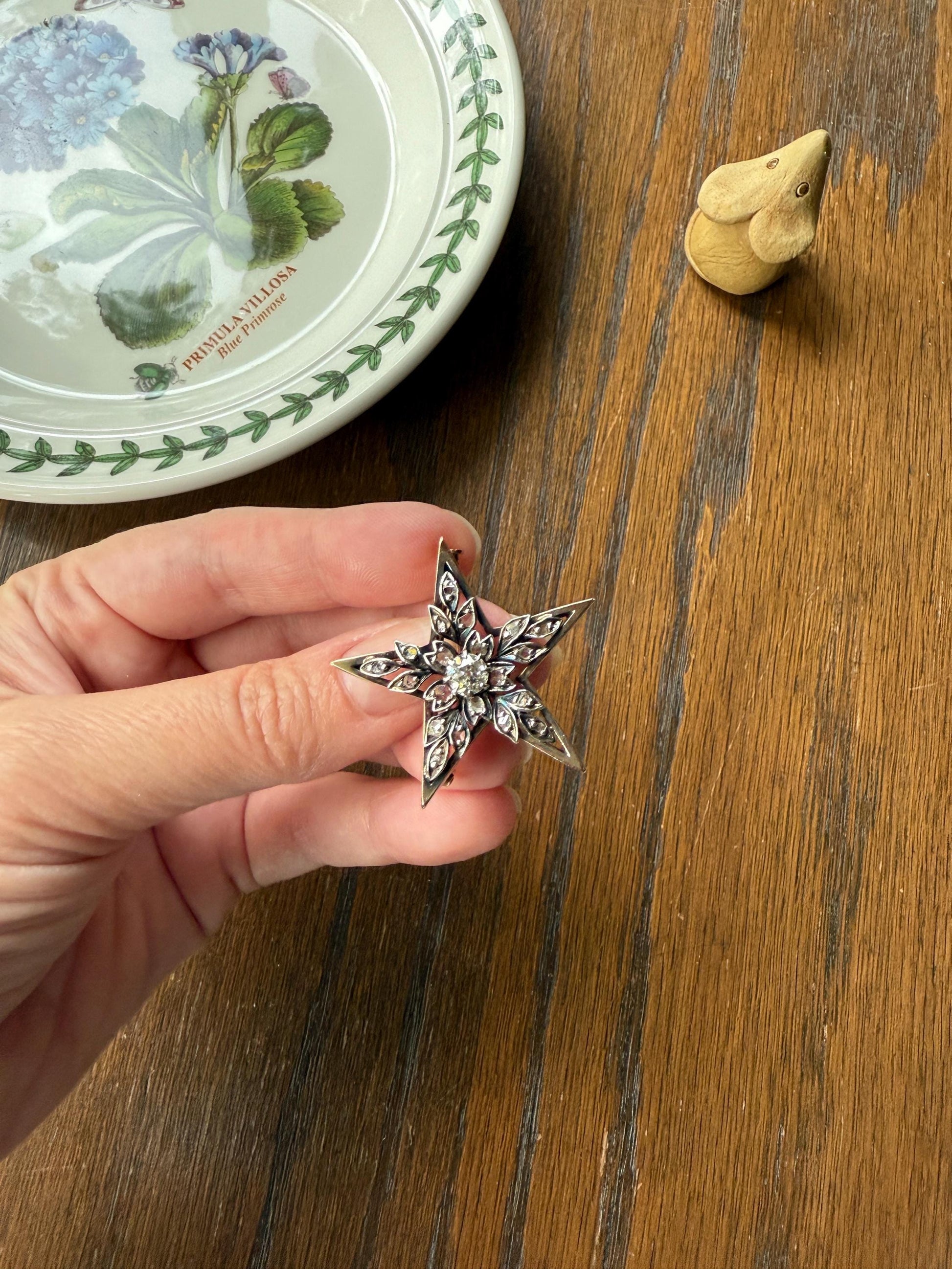 STAR Large Antique 20 Rose Cut & Center Old Mine Cut DIAMOND Leaf Cluster Brooch for PENDANT 18k Gold Silver Pin Victorian Gift Belle Epoque