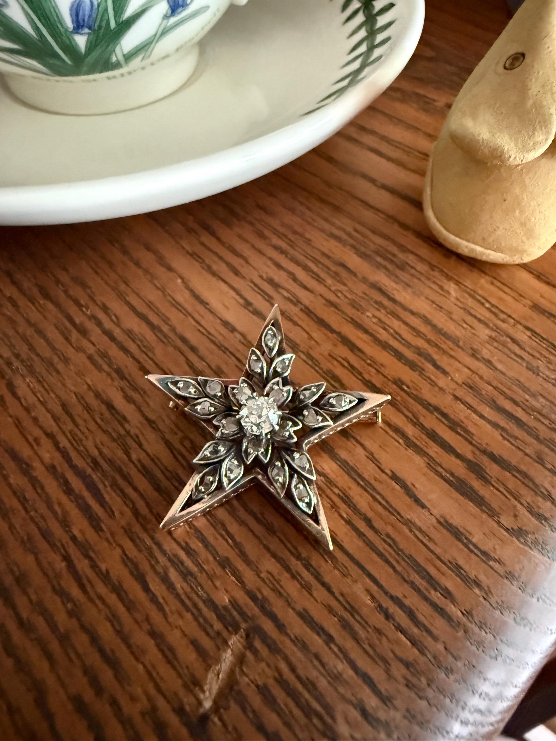 STAR Large Antique 20 Rose Cut & Center Old Mine Cut DIAMOND Leaf Cluster Brooch for PENDANT 18k Gold Silver Pin Victorian Gift Belle Epoque
