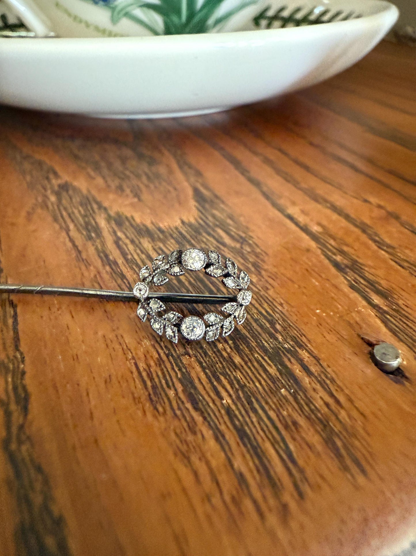 GARLAND Figural Old Mine Rose Cut DIAMOND Antique Stick Pin c1920for Ring Pendant Bracelet Conversion 18k White Gold Silver Edwardian Deco