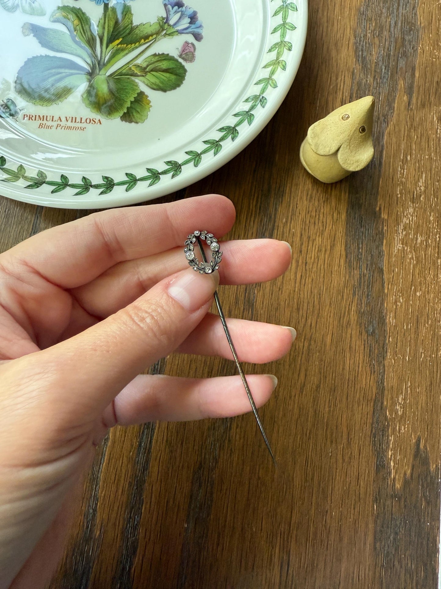 GARLAND Figural Old Mine Rose Cut DIAMOND Antique Stick Pin c1920for Ring Pendant Bracelet Conversion 18k White Gold Silver Edwardian Deco