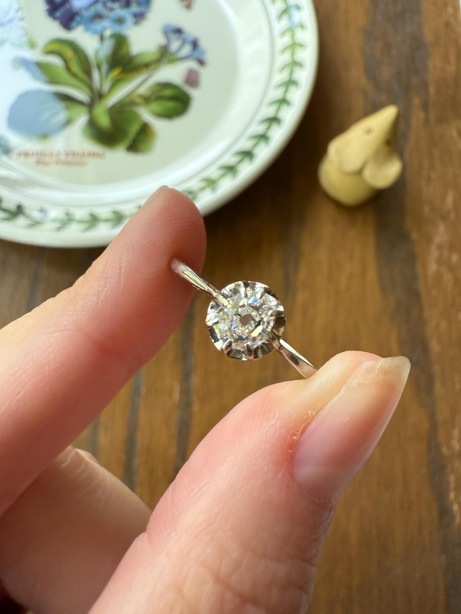 PEAR Old Mine Cut DIAMOND .5 Carat Original Antique Solitiare Ring French Platinum Skinny Band Buttercup Daily Wear Engagement Setting OmC