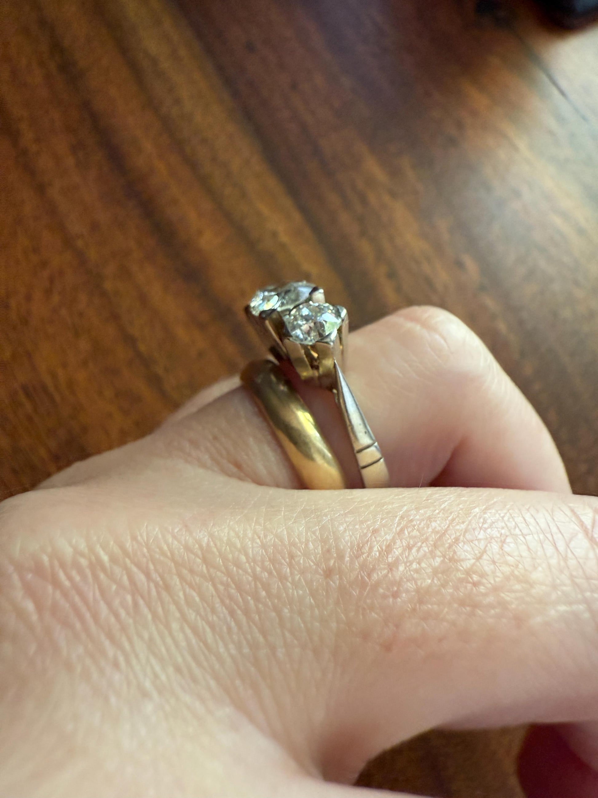 TALL Antique 2 CARATS Three Stone Chunky Old Mine Cut Diamond Ring 18k White Gold Stackable Band Geometric Square Prong Art Deco 2Ctw OMC