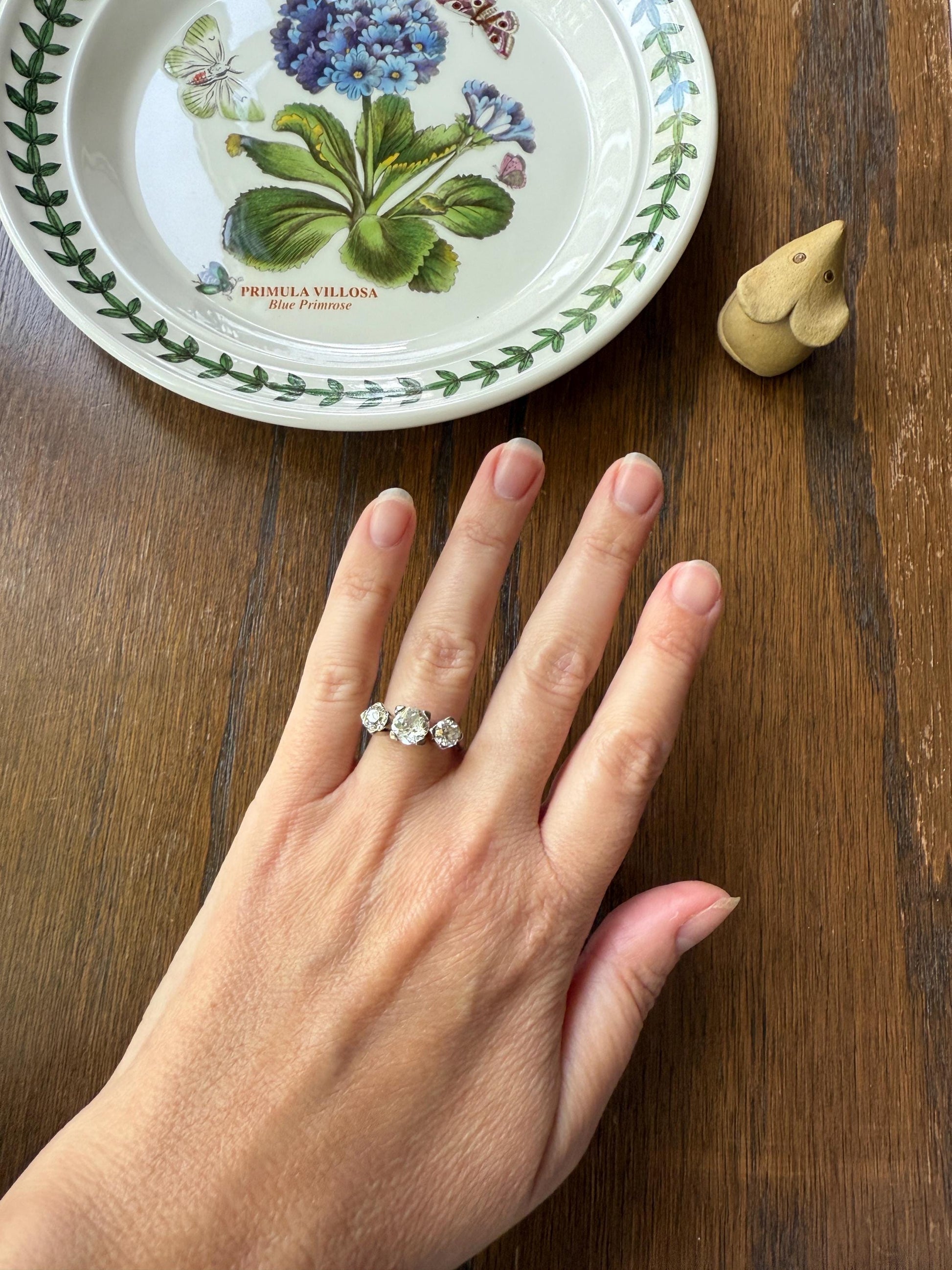 TALL Antique 2 CARATS Three Stone Chunky Old Mine Cut Diamond Ring 18k White Gold Stackable Band Geometric Square Prong Art Deco 2Ctw OMC
