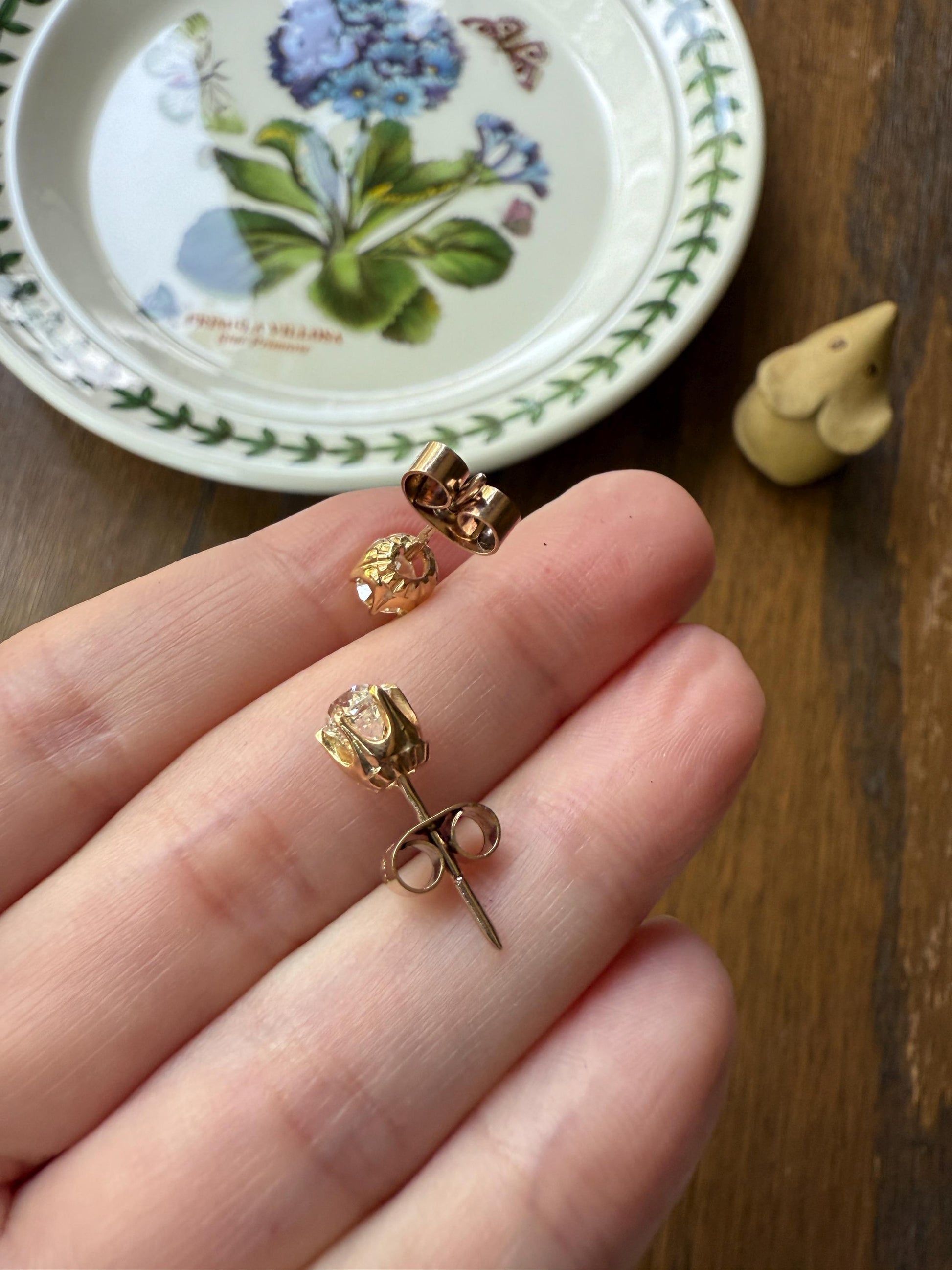 Antique 1 Carat 1Ctw. Cushion Cut Old Mine Cut DIAMOND Stud Earrings 18k GOLD Setting 9k Backs Romantic Gift Minimalist Earstack