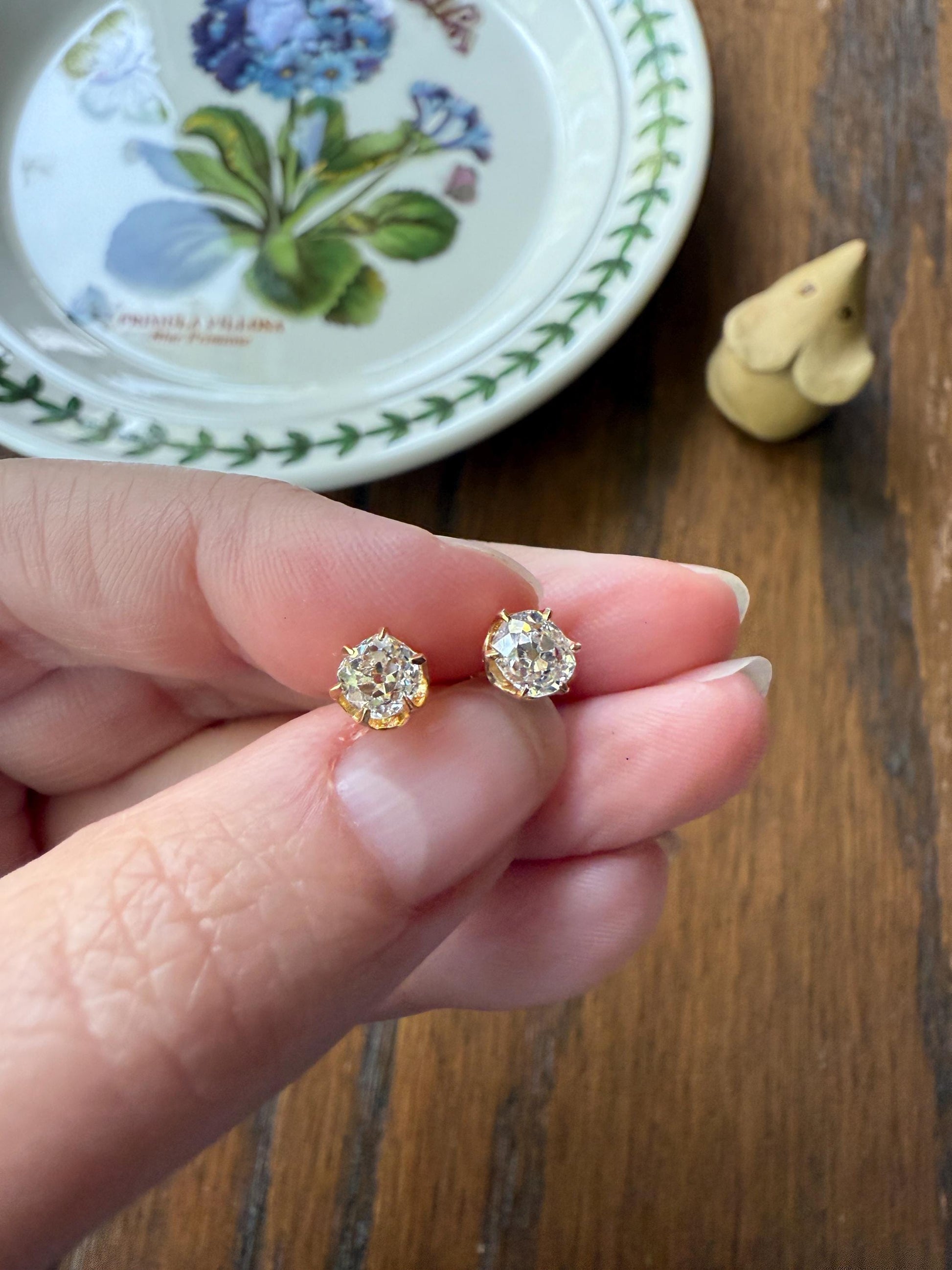 Antique 1 Carat 1Ctw. Cushion Cut Old Mine Cut DIAMOND Stud Earrings 18k GOLD Setting 9k Backs Romantic Gift Minimalist Earstack