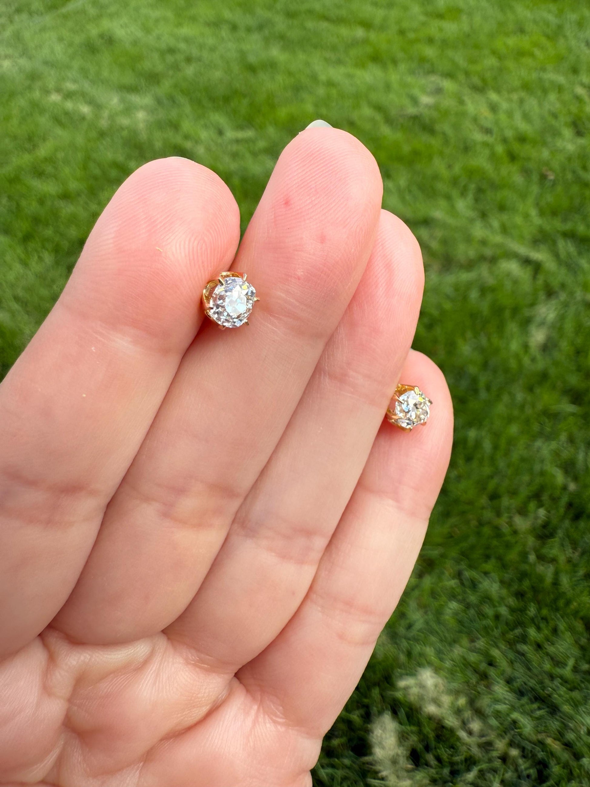 Antique 1 Carat 1Ctw. Cushion Cut Old Mine Cut DIAMOND Stud Earrings 18k GOLD Setting 9k Backs Romantic Gift Minimalist Earstack