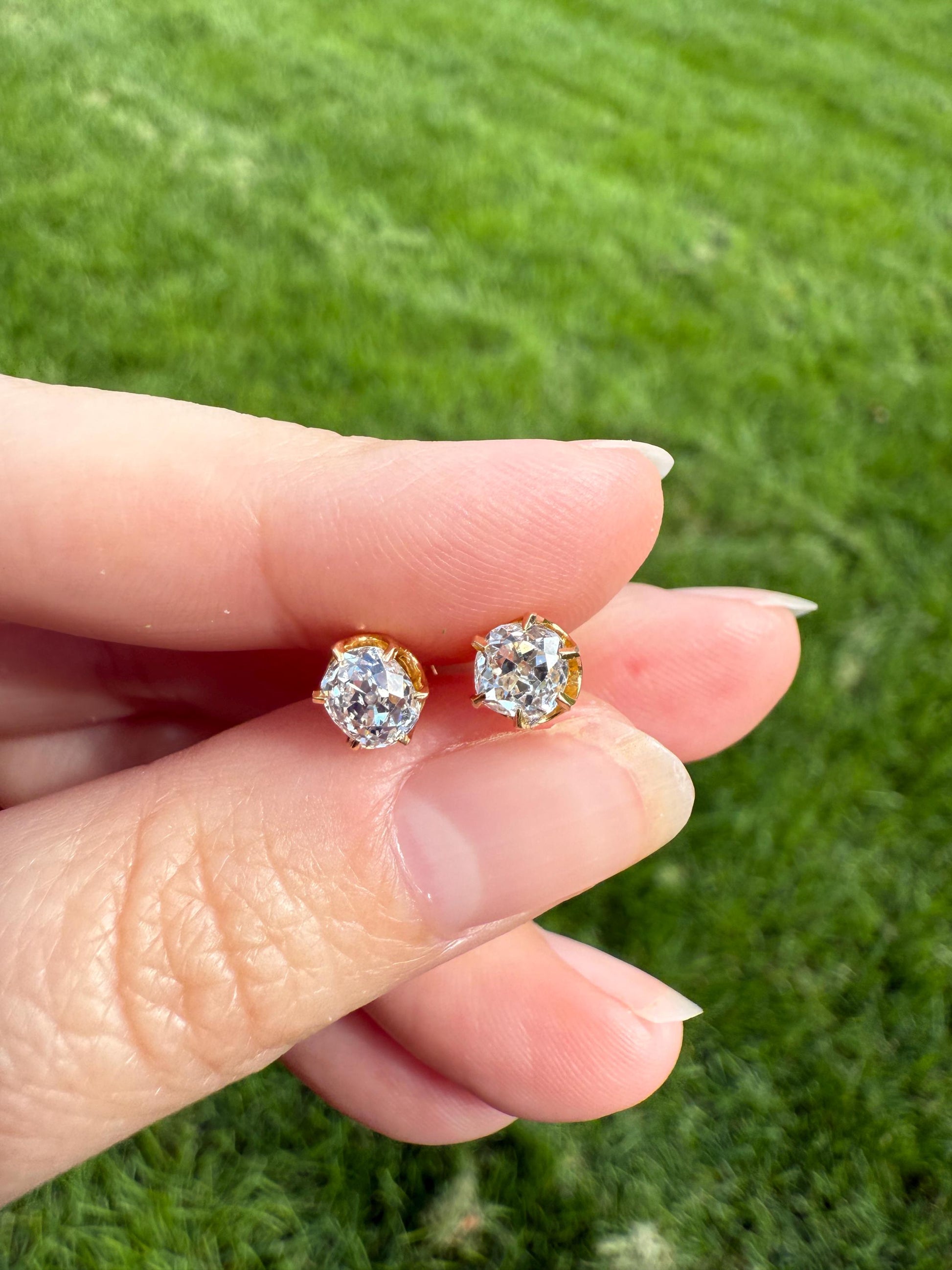Antique 1 Carat 1Ctw. Cushion Cut Old Mine Cut DIAMOND Stud Earrings 18k GOLD Setting 9k Backs Romantic Gift Minimalist Earstack