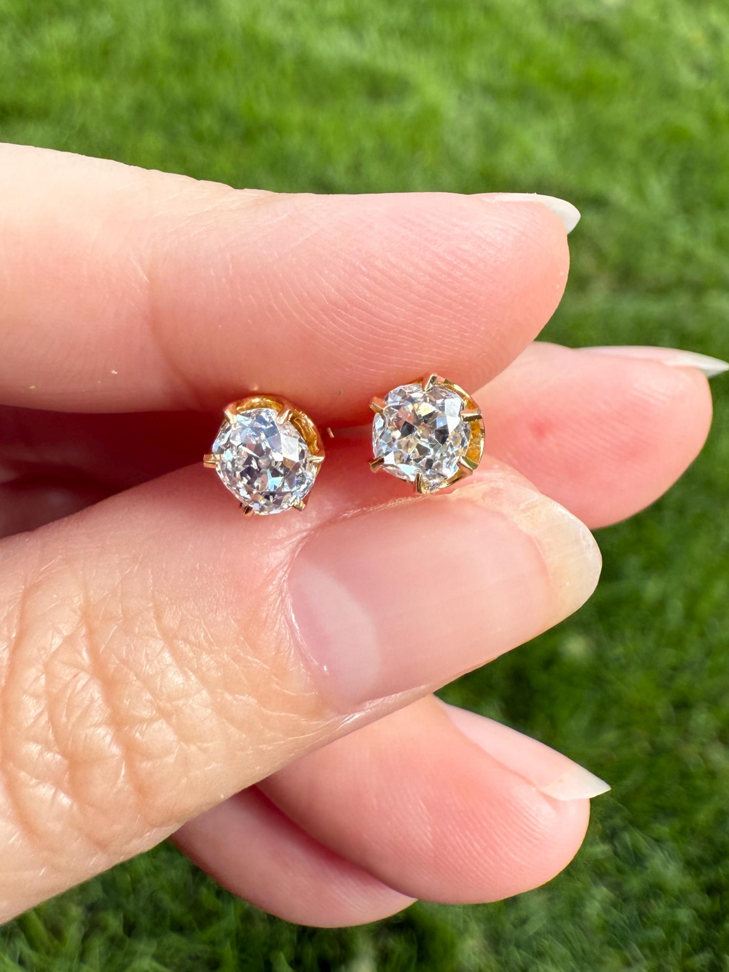 Antique 1 Carat 1Ctw. Cushion Cut Old Mine Cut DIAMOND Stud Earrings 18k GOLD Setting 9k Backs