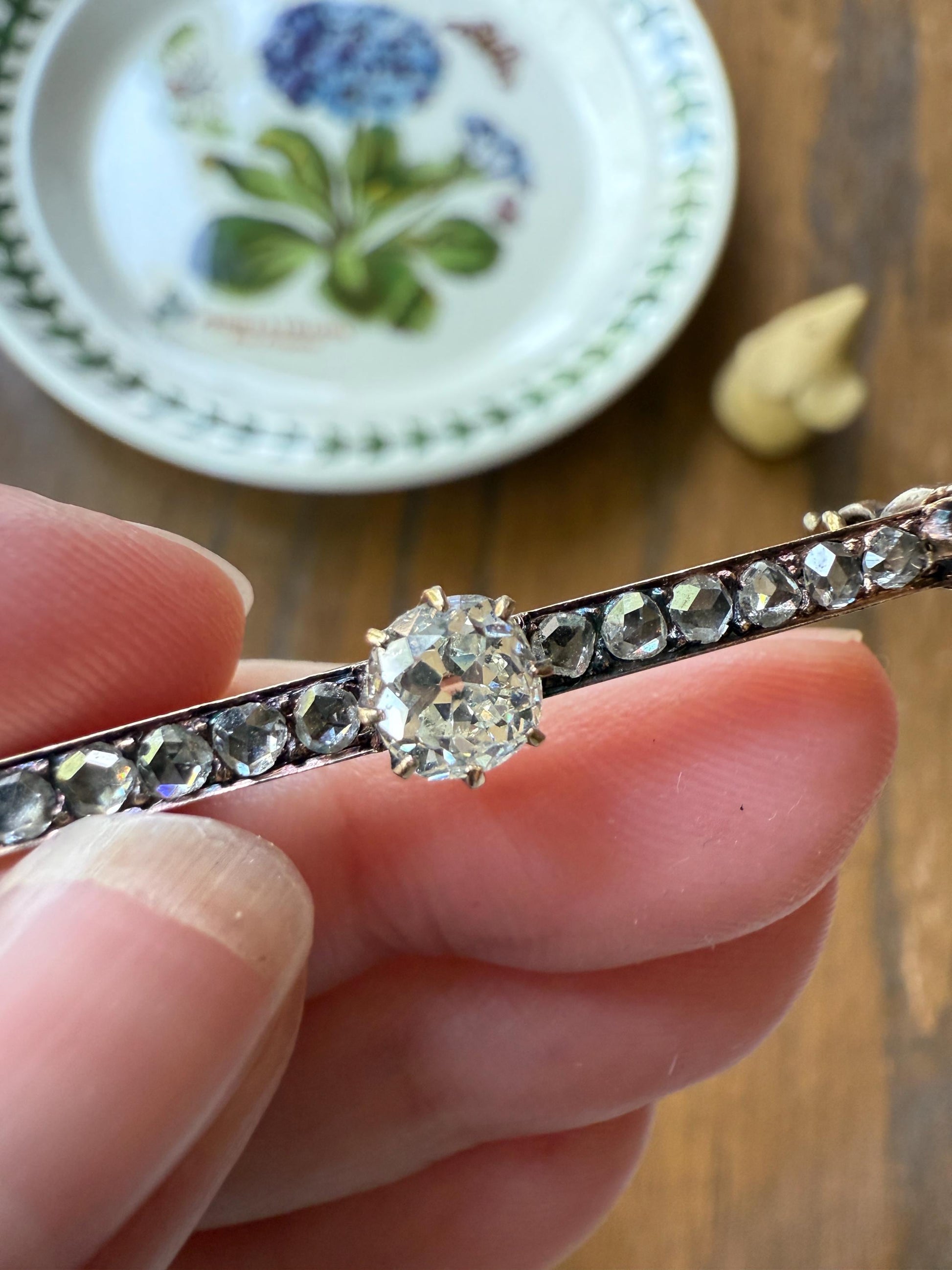 Antique 1.75 Carat Old Mine Rose Cut DIAMOND Encrusted 14k Gold Bar Brooch Victorian Extender Connector Pendant Conv. Chunky Bridal Hair Pin
