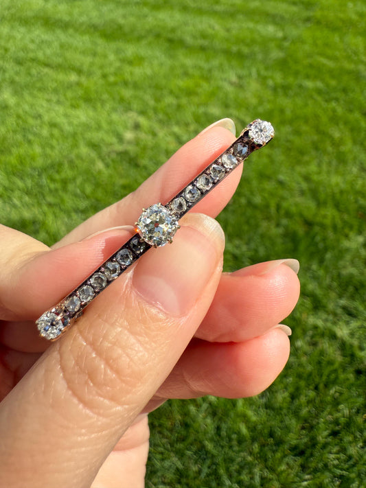 Antique 1.75 Carat Old Mine Rose Cut DIAMOND Encrusted 14k Gold Bar Brooch Victorian Extender Connector Pendant Conv. Chunky Bridal Hair Pin