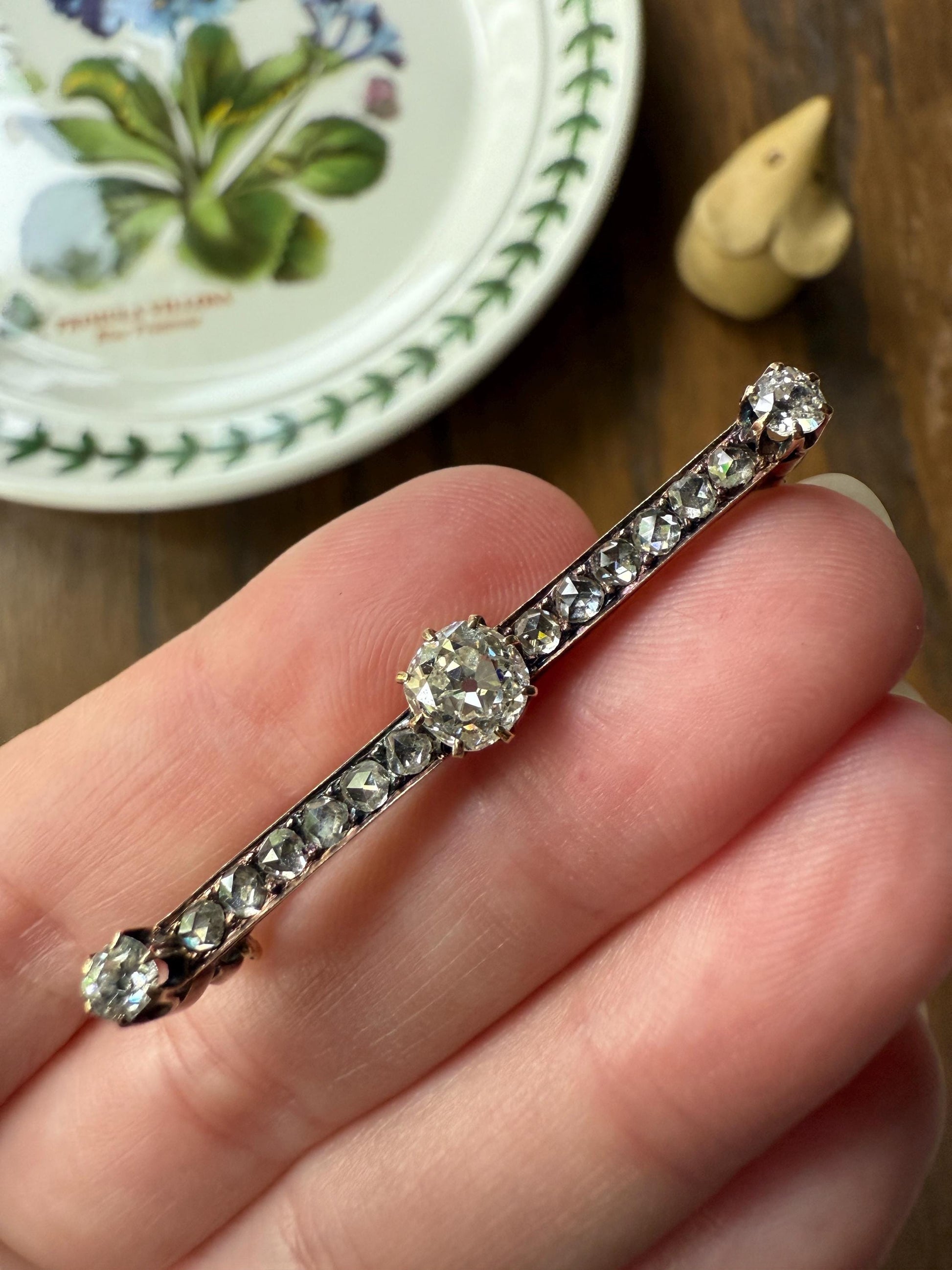 Antique 1.75 Carat Old Mine Rose Cut DIAMOND Encrusted 14k Gold Bar Brooch Victorian Extender Connector Pendant Conv. Chunky Bridal Hair Pin