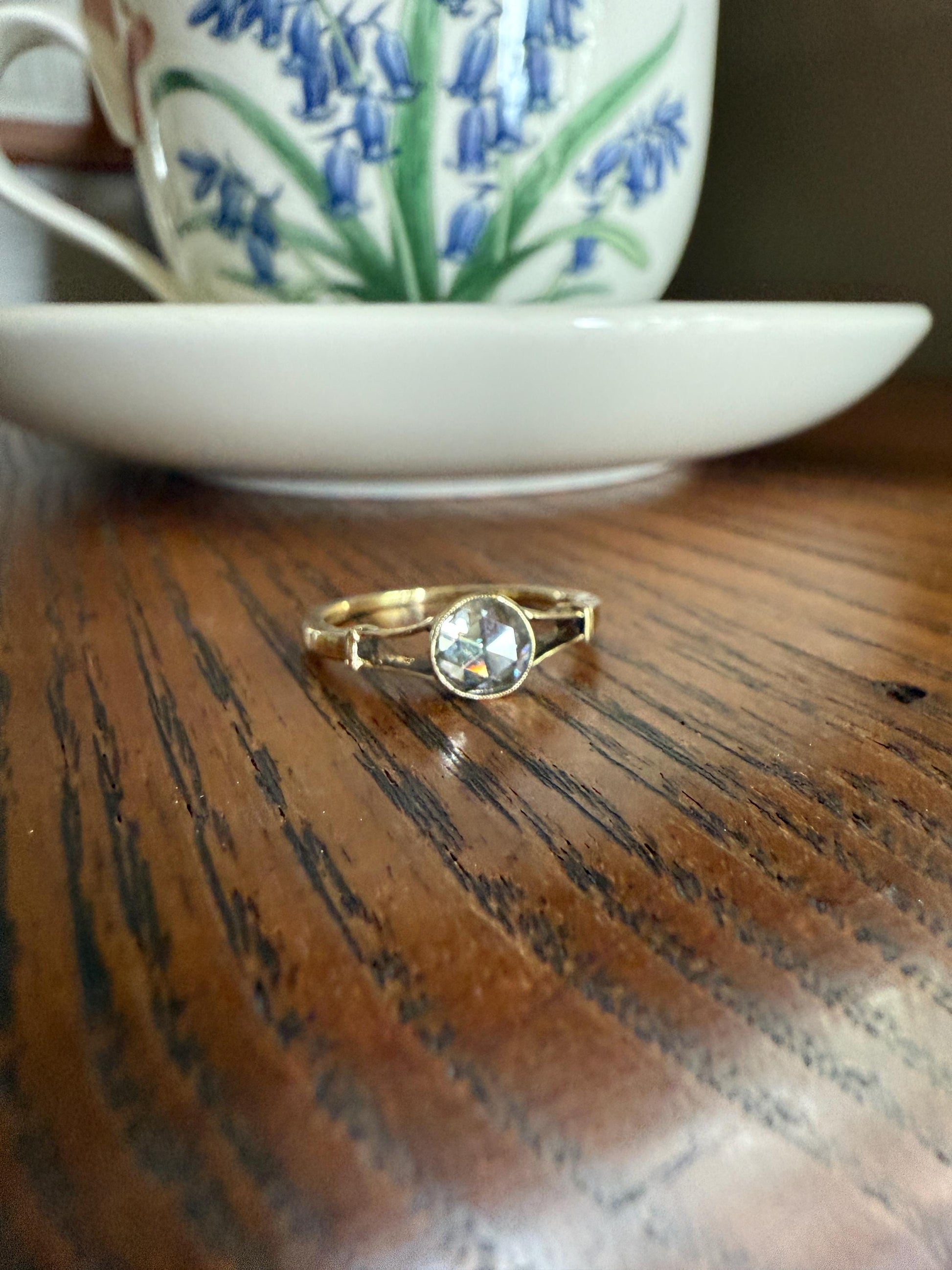 Antique 6.2mm Rose Cut DIAMOND Solitaire 14k Gold Ring Bezel Set Stacker Open Work Shoulders 1 Carat Face Up