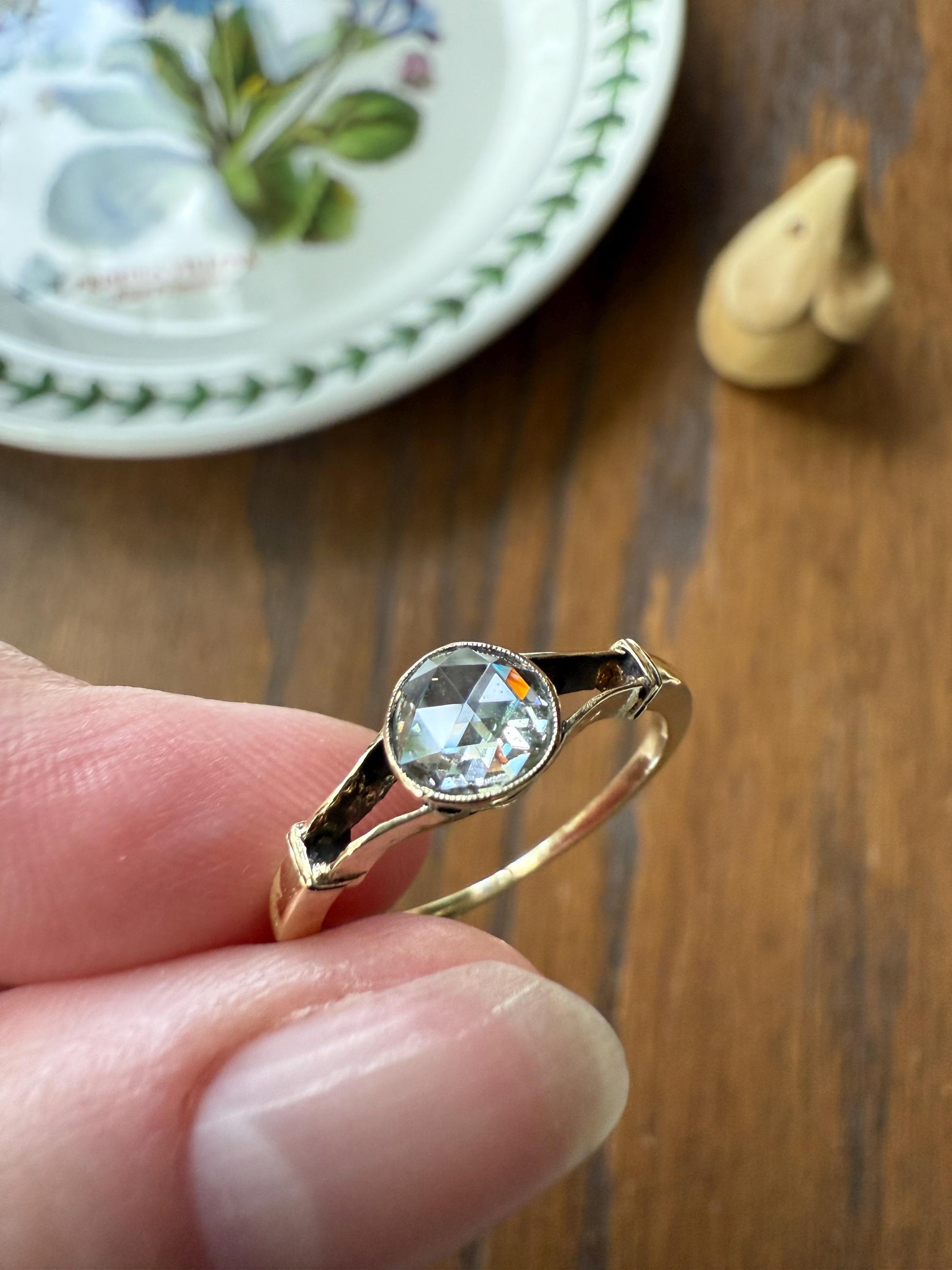 Antique 6.2mm Rose Cut DIAMOND Solitaire 14k Gold Ring Bezel Set Stacker Open Work Shoulders 1 Carat Face Up