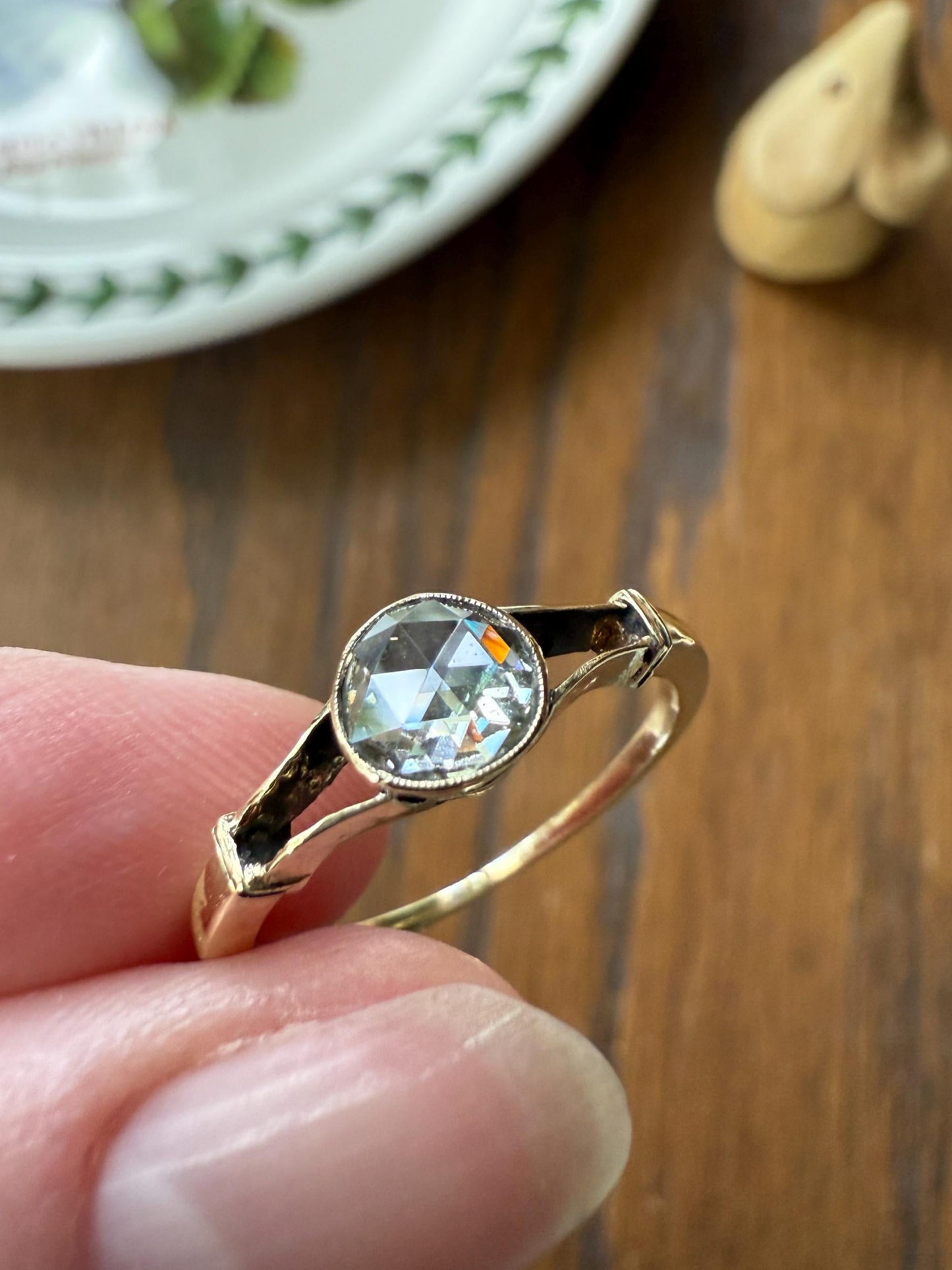 Antique 6.2mm Rose Cut DIAMOND Solitaire 14k Gold Ring Bezel Set Stacker Open Work Shoulders 1 Carat Face Up