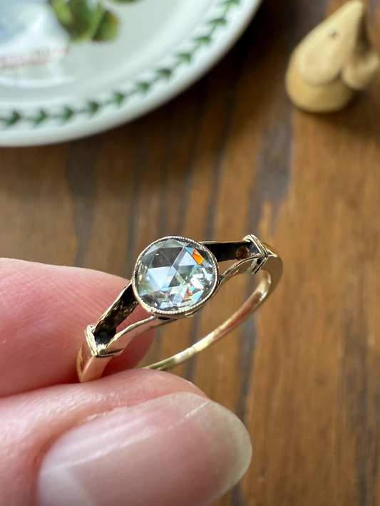 Antique 6.2mm Rose Cut DIAMOND Solitaire 14k Gold Ring Bezel Set Stacker Open Work Shoulders 1 Carat Face Up