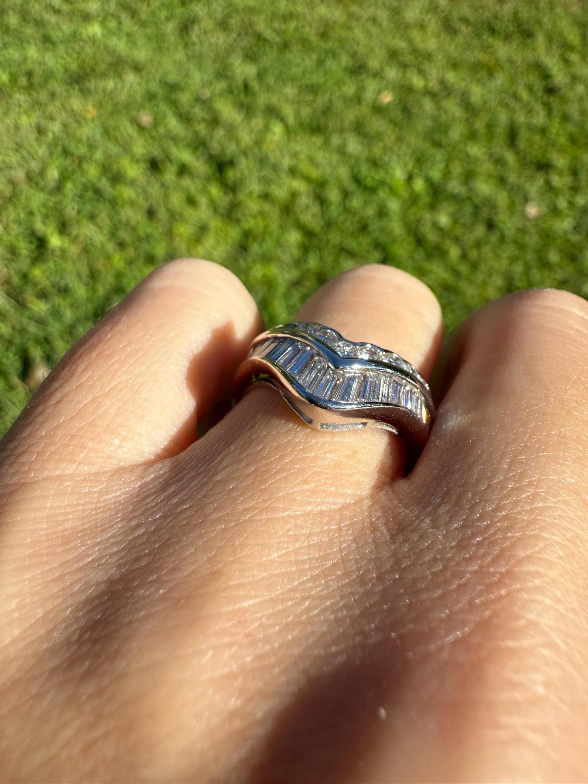 Chevron TIARA 1.5 Carat Baguette Brilliant Cut Diamonds French 8.5g PLATINUM Vintage V Ring Stacker Wedding Engagement Wide Band Chunky Gift