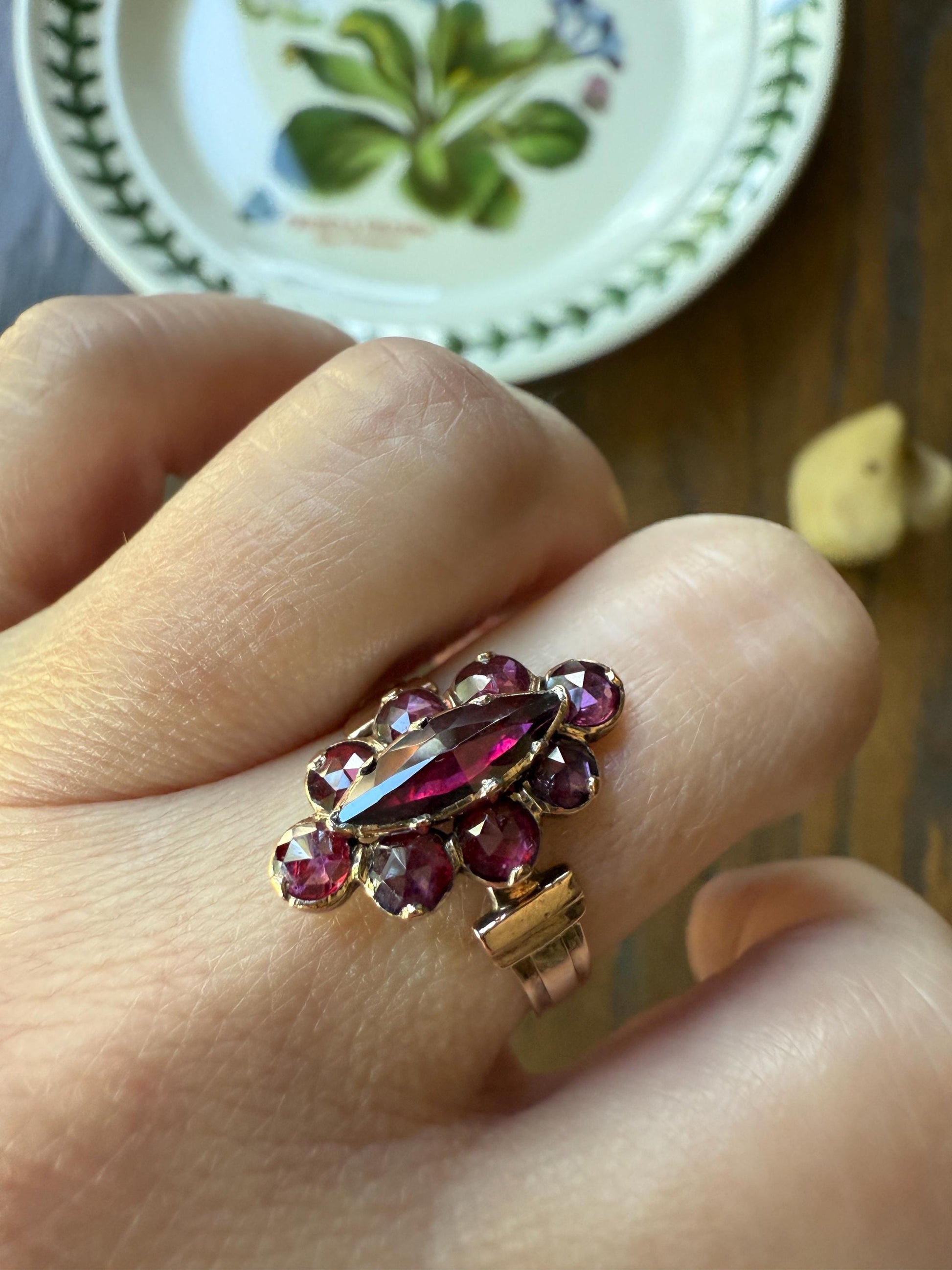 Perpignan GARNET Marquise Navette French Victorian Antique Rose Cut Cluster Ring 18k Gold Belle Epoque Juicy Berry Pink Purple Glow Gift