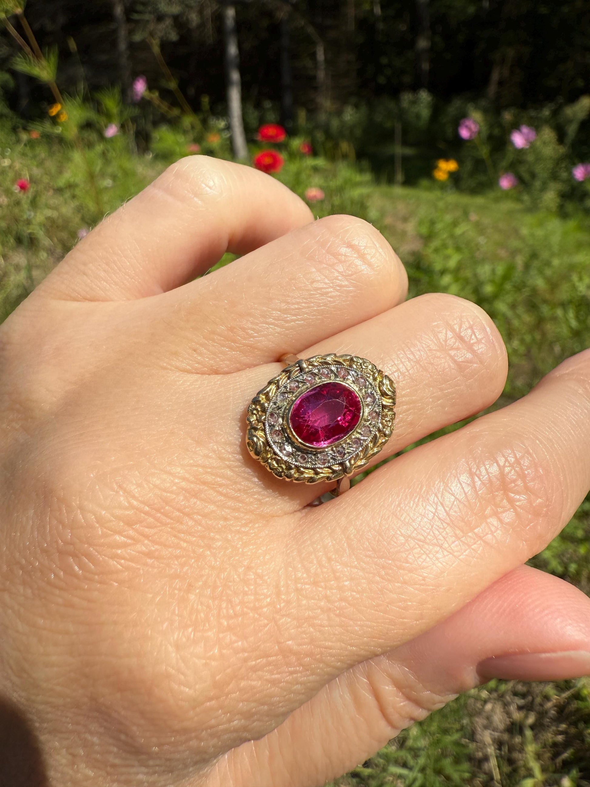 RUBY Pink Floral GARLAND Rose Cut DIAMOND Halo French Antique Ring 18k Gold Forget Me Not Ring Art Nouveau Figural Flower Gift Belle Epoque