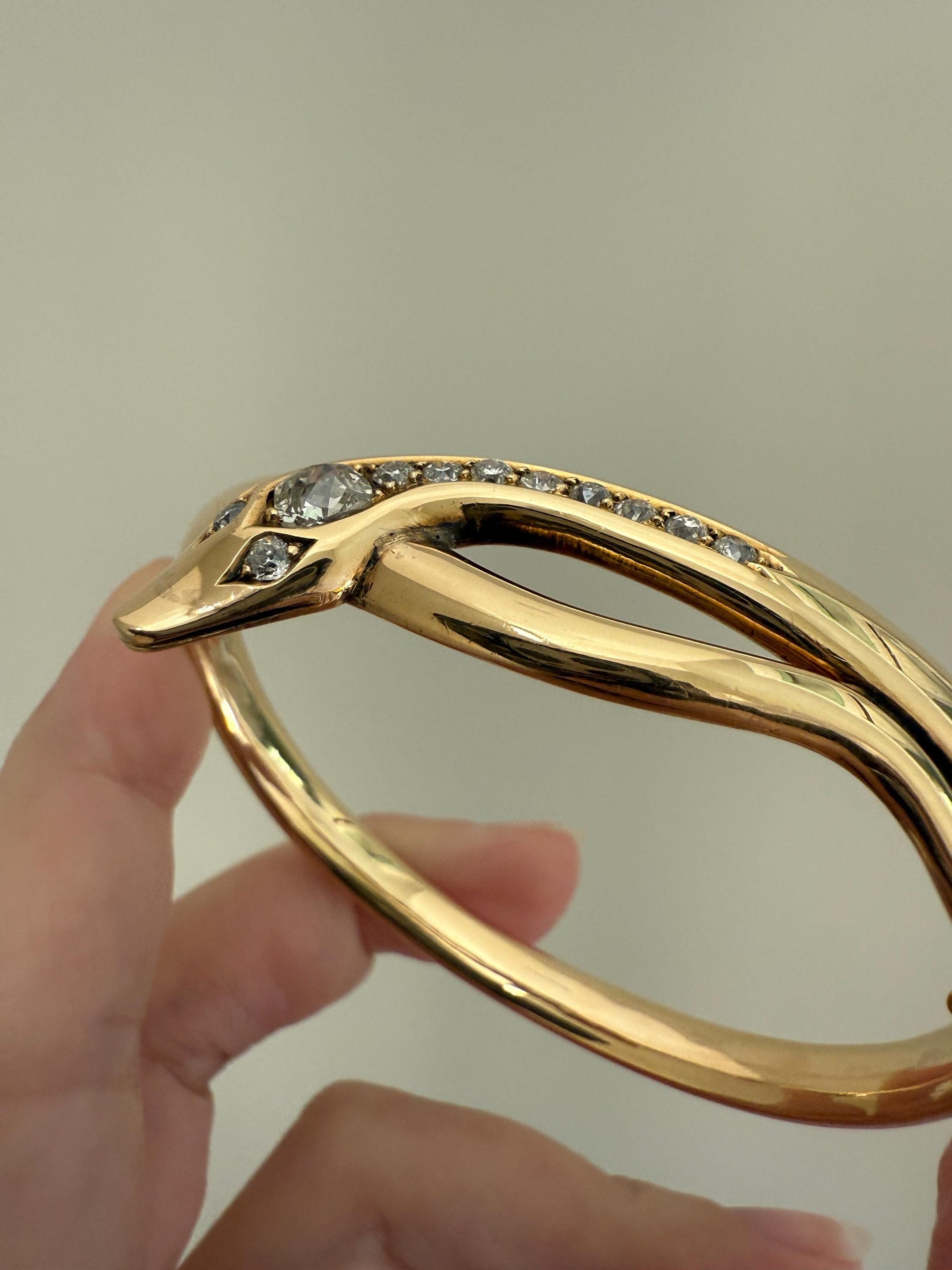 SNAKE Antique 1.3 Carat Old Mine Cut DIAMOND 32g 14k GOLD Chunky Heavy Bangle Bracelet Victorian Figural Coiled Arm Band Wriststack Gift OmC