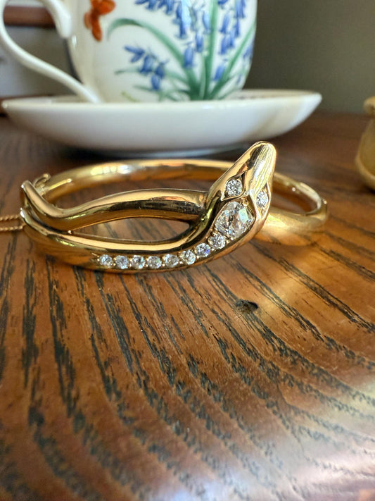 SNAKE Antique 1.3 Carat Old Mine Cut DIAMOND 32g 14k GOLD Chunky Heavy Bangle Bracelet Victorian Figural Coiled Arm Band Wriststack Gift OmC