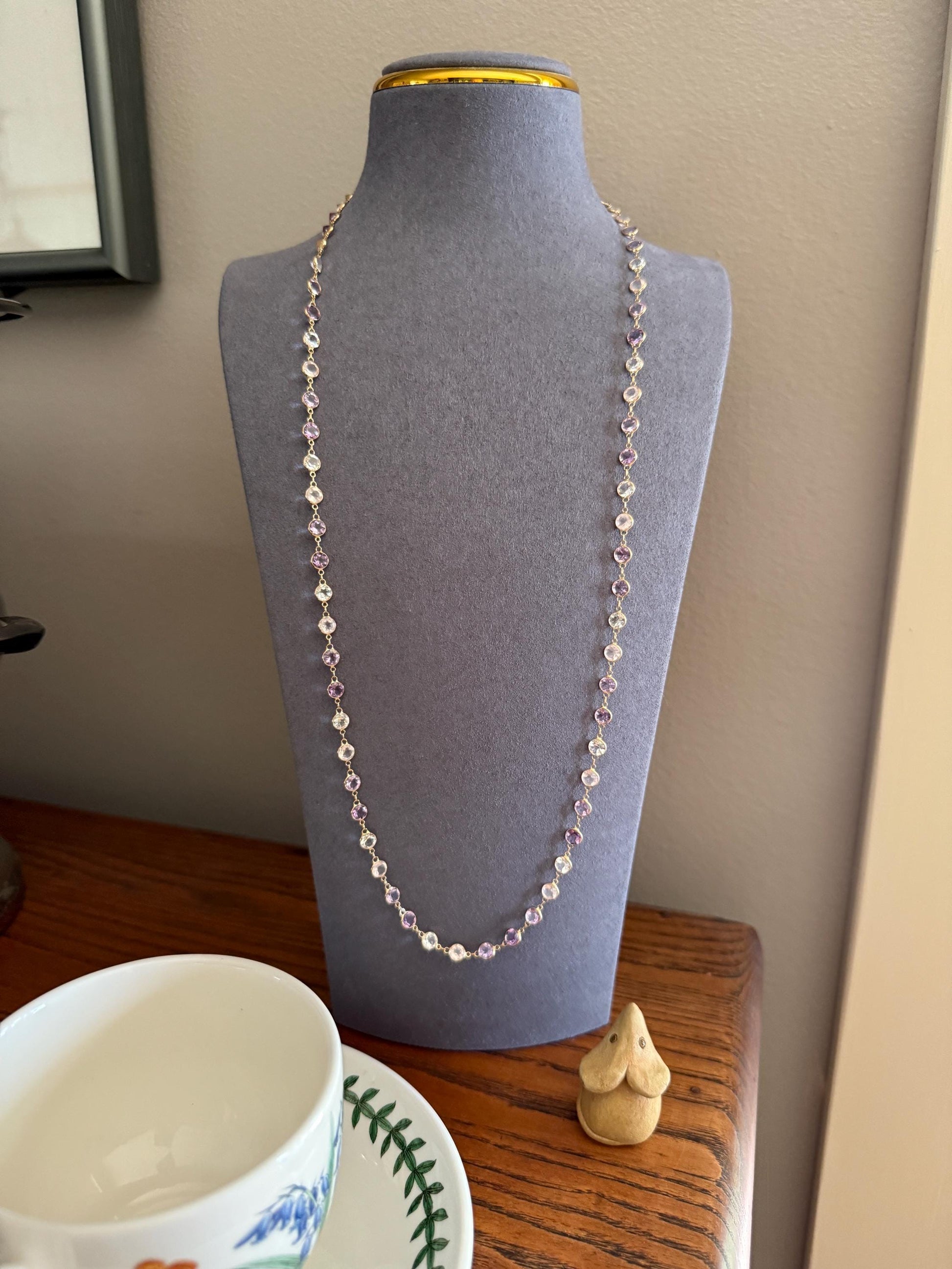 Vintage Gemset Long Station Chain Guard Rose Pink Quartz White Topaz Purple Amethyst 18k GOLD Necklace Layering Bezel Set Sparkle Harlequin
