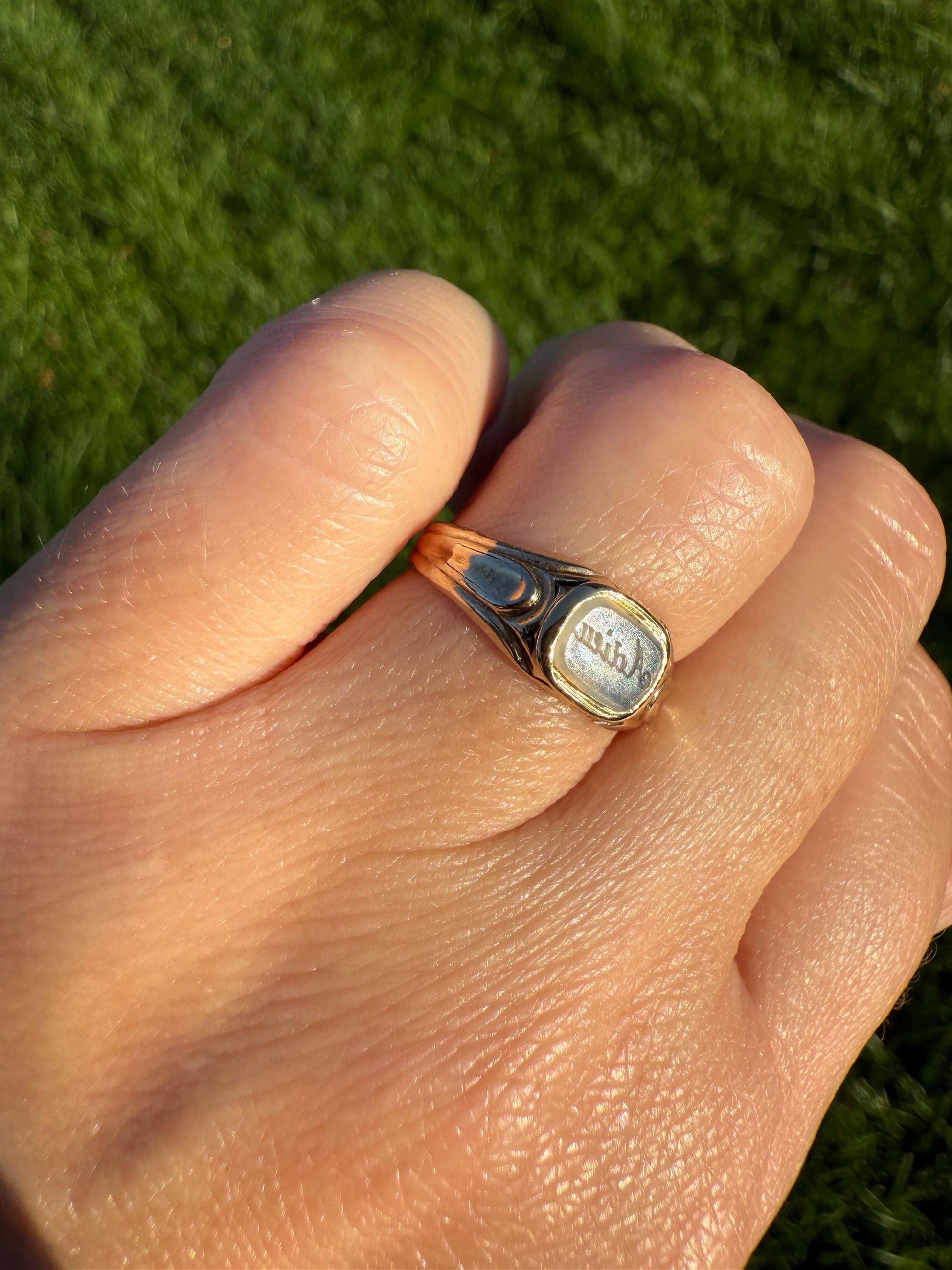 ADIEU Antique Intaglio Engraved White Agate Carnelian Chalcedony Quartz "Goodbye" 14k Gold Wax Seal Signet Ring Victorian Stacker Band