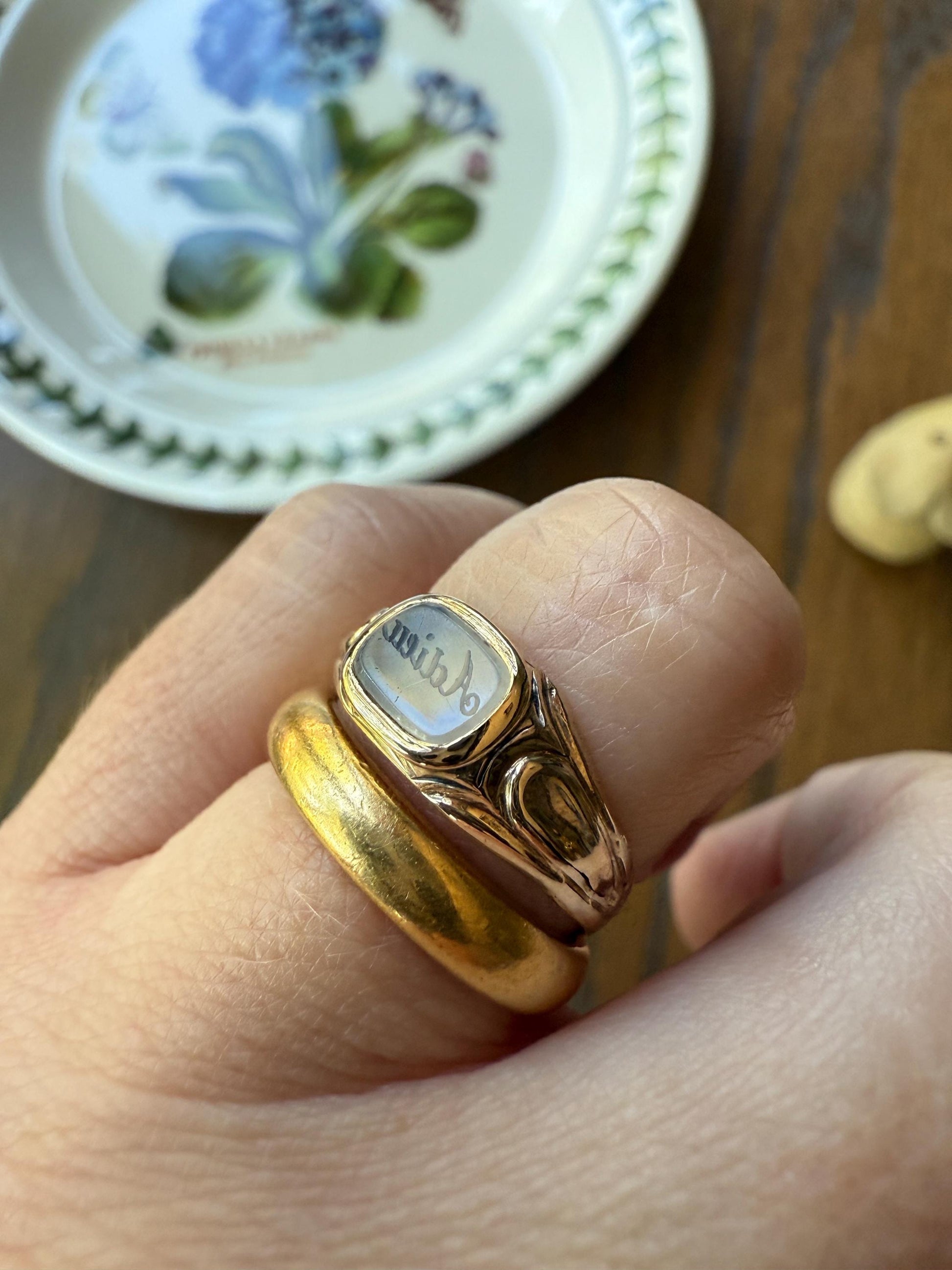 ADIEU Antique Intaglio Engraved White Agate Carnelian Chalcedony Quartz "Goodbye" 14k Gold Wax Seal Signet Ring Victorian Stacker Band
