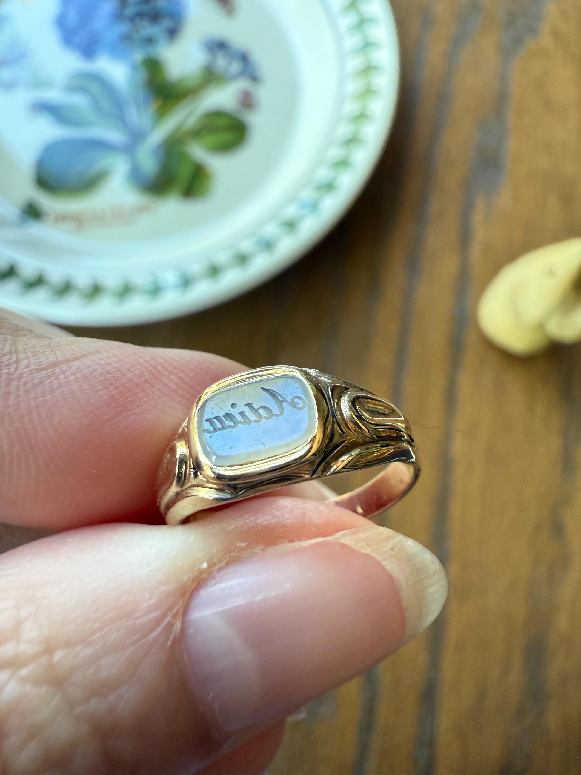 ADIEU Antique Intaglio Engraved White Agate Carnelian Chalcedony Quartz "Goodbye" 14k Gold Wax Seal Signet Ring Victorian Stacker Band