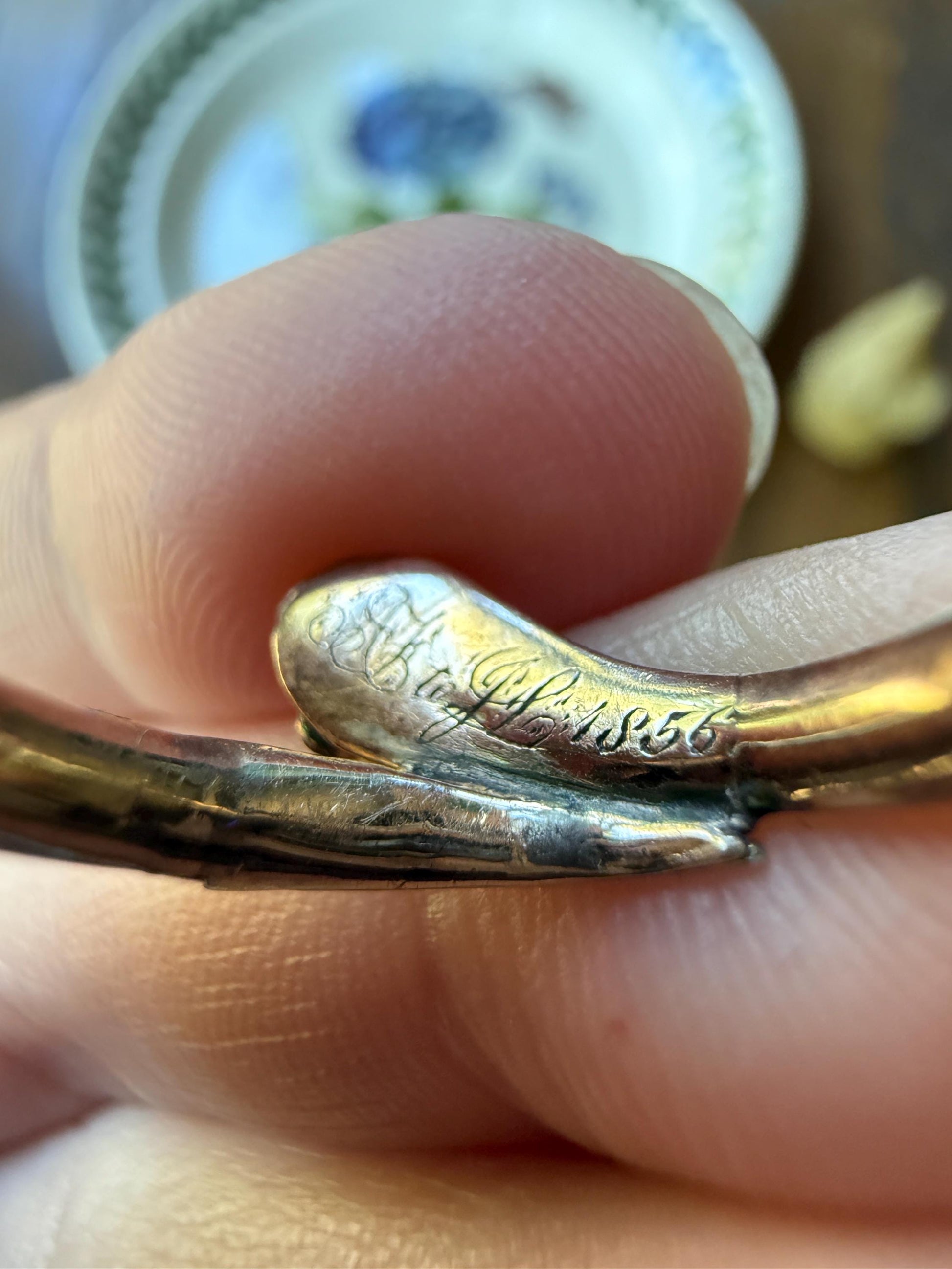 SNAKE Dated 1856 FLORAL Orange Blossom Forget Me Not Shank Victorian Band Garnet Eyes 14k Gold Figural Ring Animal Stacker Engraved Ooak