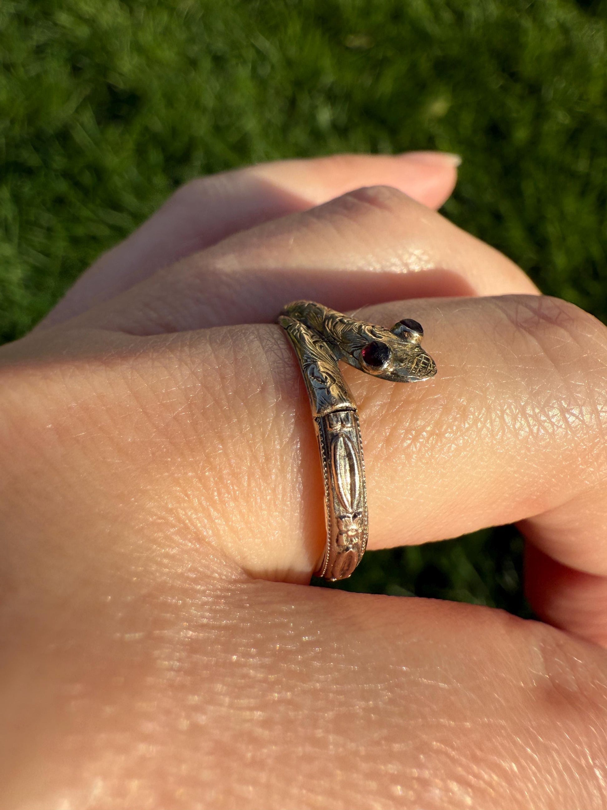 SNAKE Dated 1856 FLORAL Orange Blossom Forget Me Not Shank Victorian Band Garnet Eyes 14k Gold Figural Ring Animal Stacker Engraved Ooak