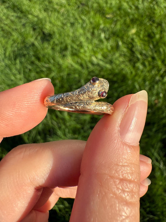 SNAKE Dated 1856 FLORAL Orange Blossom Forget Me Not Shank Victorian Band Garnet Eyes 14k Gold Figural Ring Animal Stacker Engraved Ooak