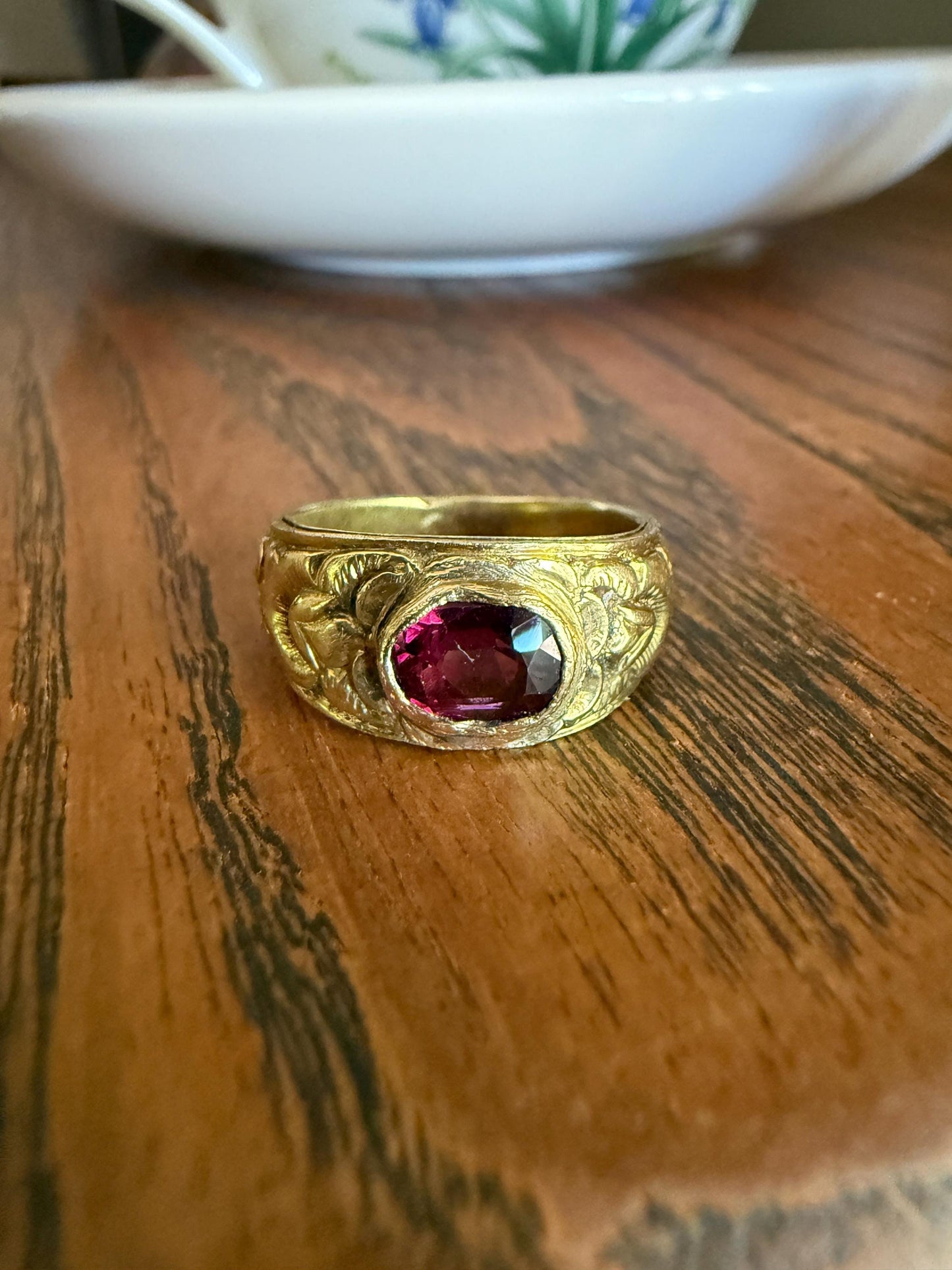 GARNET Victorian Antique Chunky FLORAL Wide Band 18k Gold Ring French Embossed Roses Purple East West Bezel Set Stacker Heavy Romantic Gift