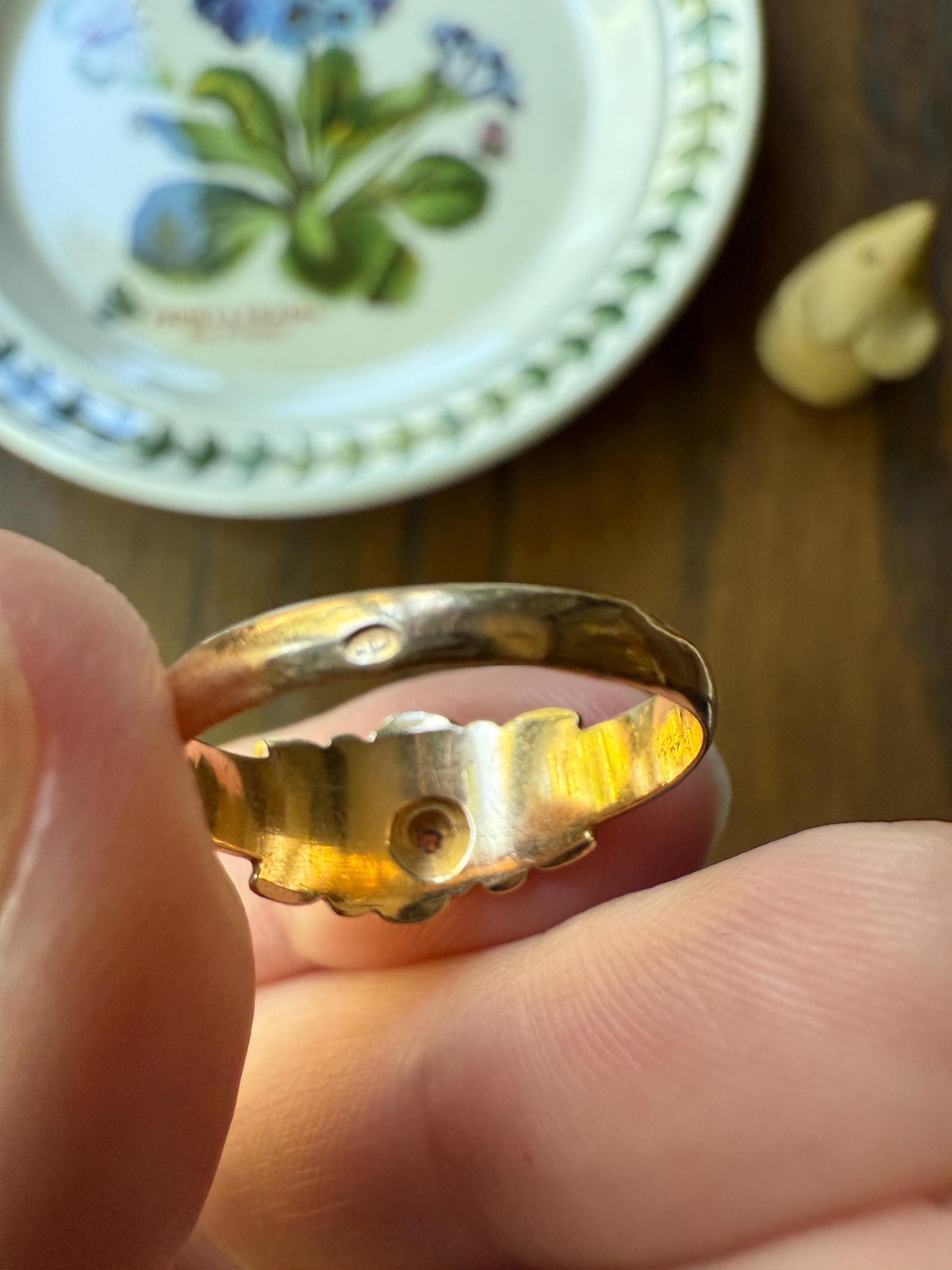 French Antique Figural ROSE Leaf Bud Old Cut Diamond 18k Gold Ring Floral Art Nouveau Belle Epoque Romantic Gift Flower Sweet Stacker
