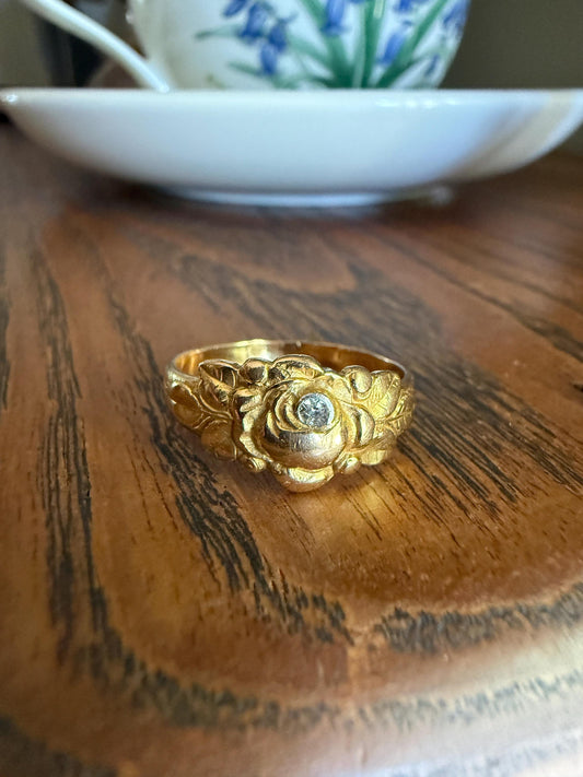 French Antique Figural ROSE Leaf Bud Old Cut Diamond 18k Gold Ring Floral Art Nouveau Belle Epoque Romantic Gift Flower Sweet Stacker