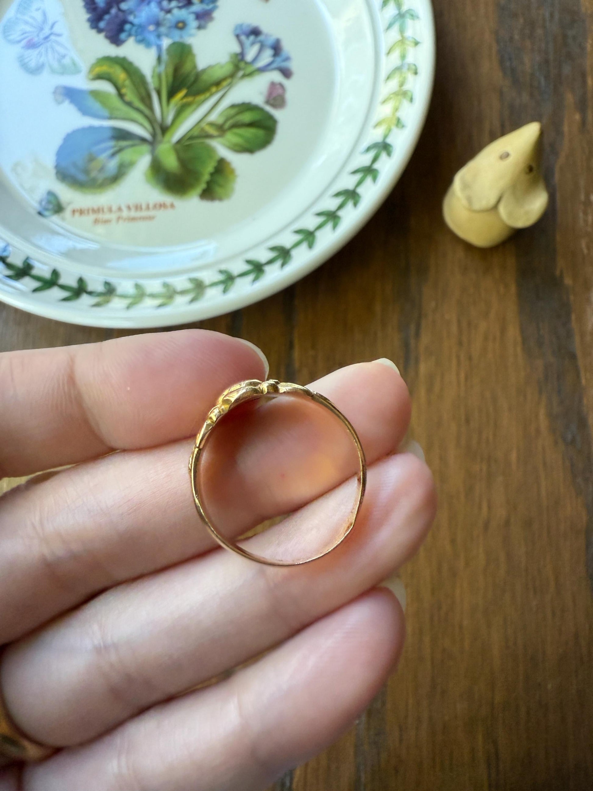 French Antique Figural ROSE Leaf Bud Old Cut Diamond 18k Gold Ring Floral Art Nouveau Belle Epoque Romantic Gift Flower Sweet Stacker