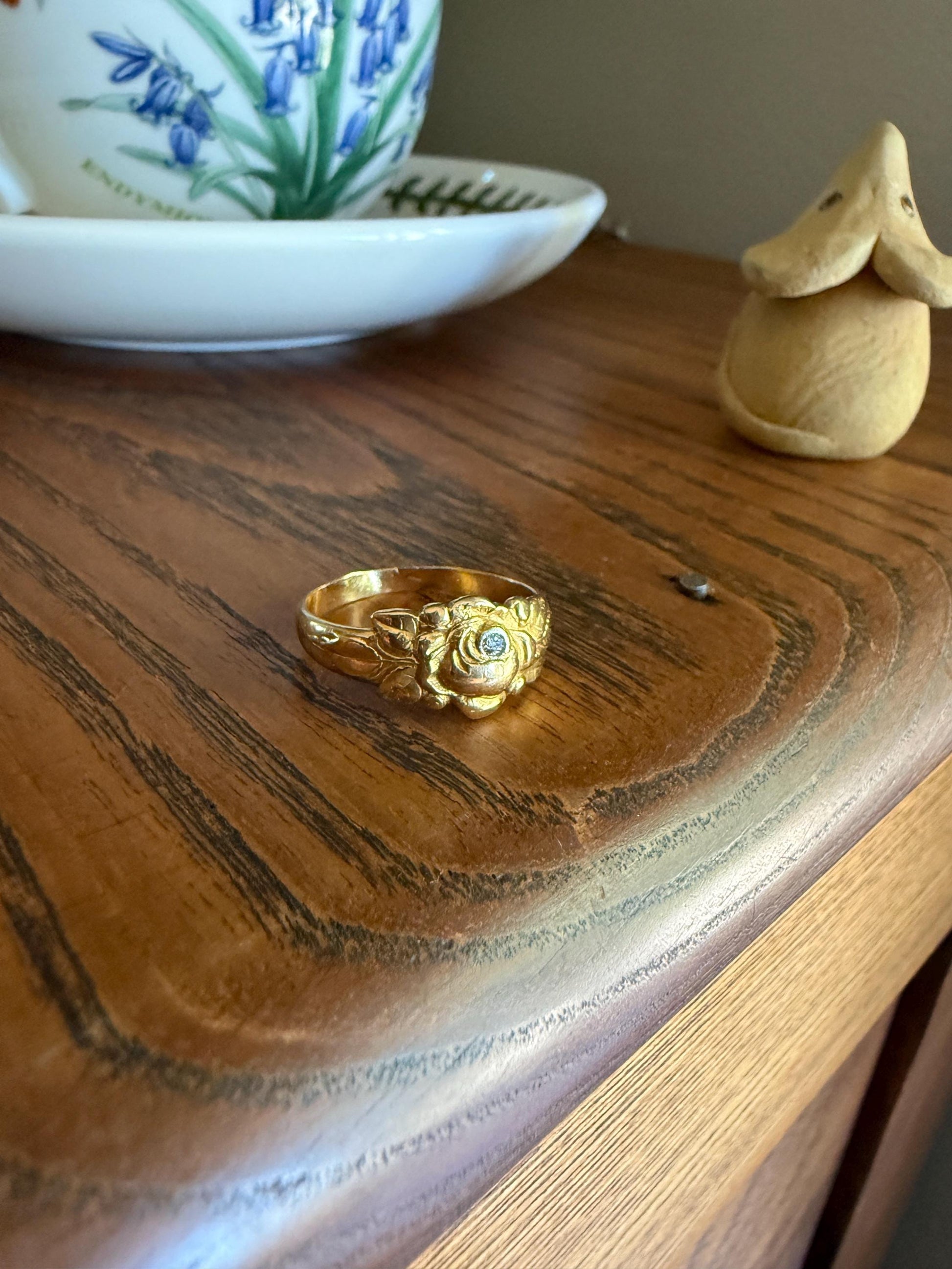 French Antique Figural ROSE Leaf Bud Old Cut Diamond 18k Gold Ring Floral Art Nouveau Belle Epoque Romantic Gift Flower Sweet Stacker