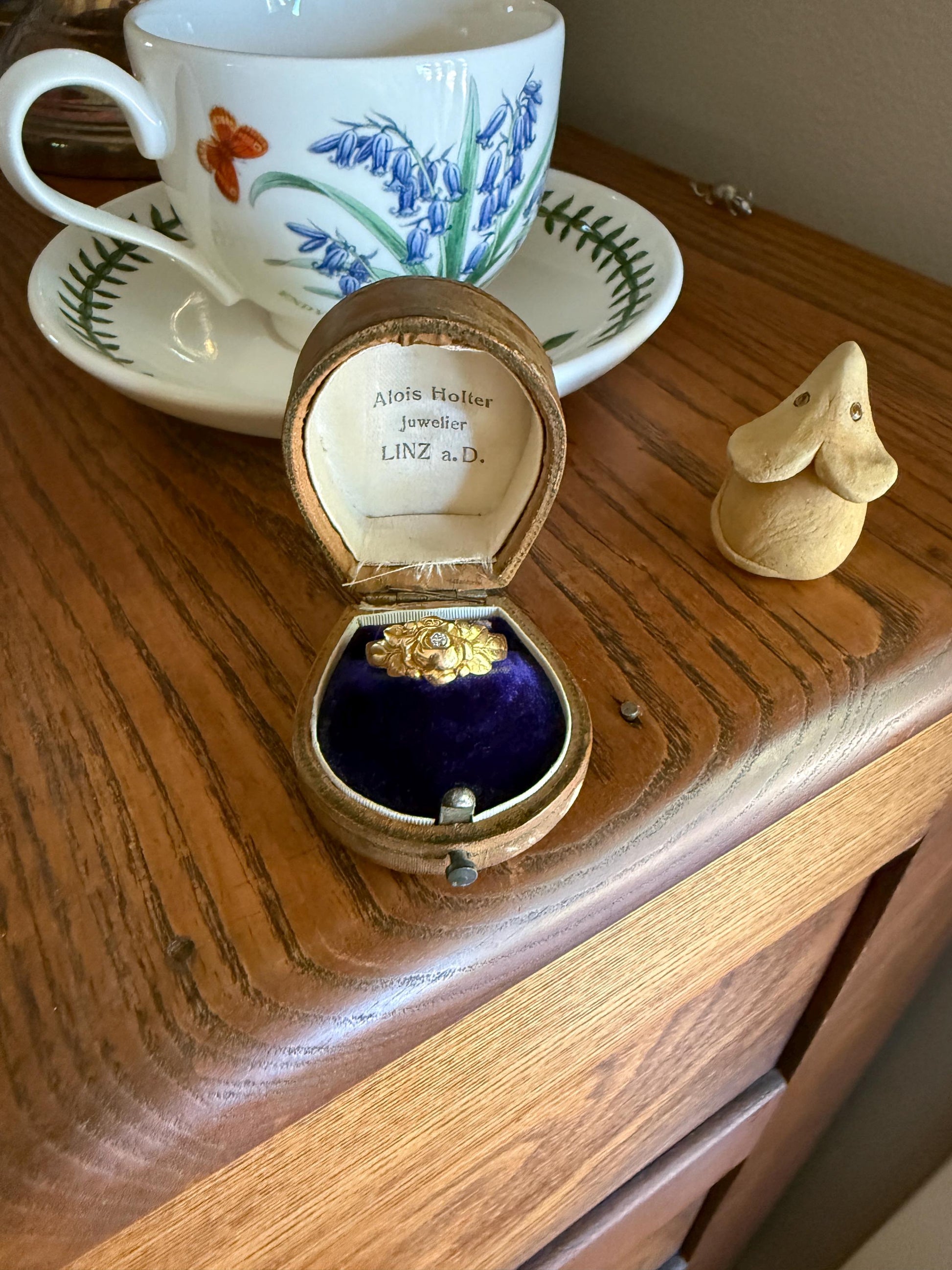 French Antique Figural ROSE Leaf Bud Old Cut Diamond 18k Gold Ring Floral Art Nouveau Belle Epoque Romantic Gift Flower Sweet Stacker