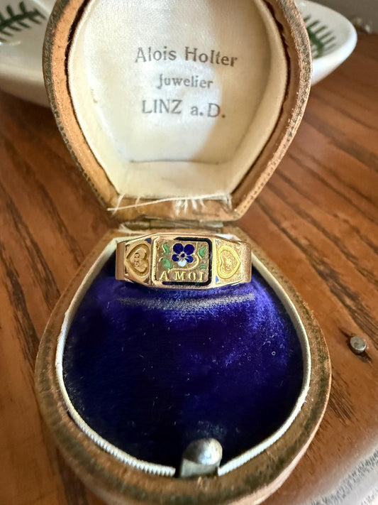 PANSY "Pensée a Moi" Think of Me Blue Green Enamel Heart Ring French 18k Gold 10k Cigar Wide Band Shank Floral Figural Stacker Romantic Gift
