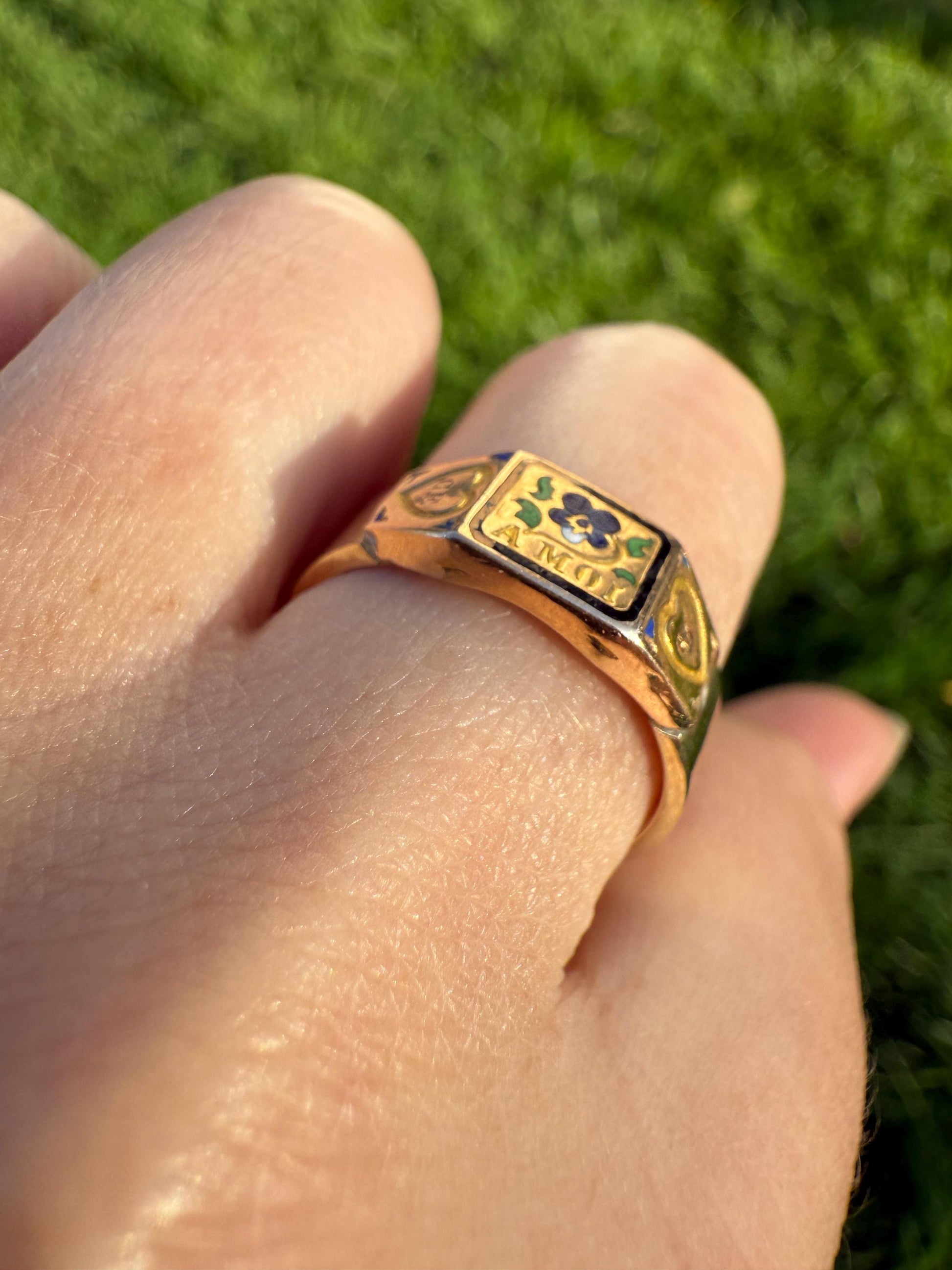 PANSY "Pensée a Moi" Think of Me Blue Green Enamel Heart Ring French 18k Gold 10k Cigar Wide Band Shank Floral Figural Stacker Romantic Gift