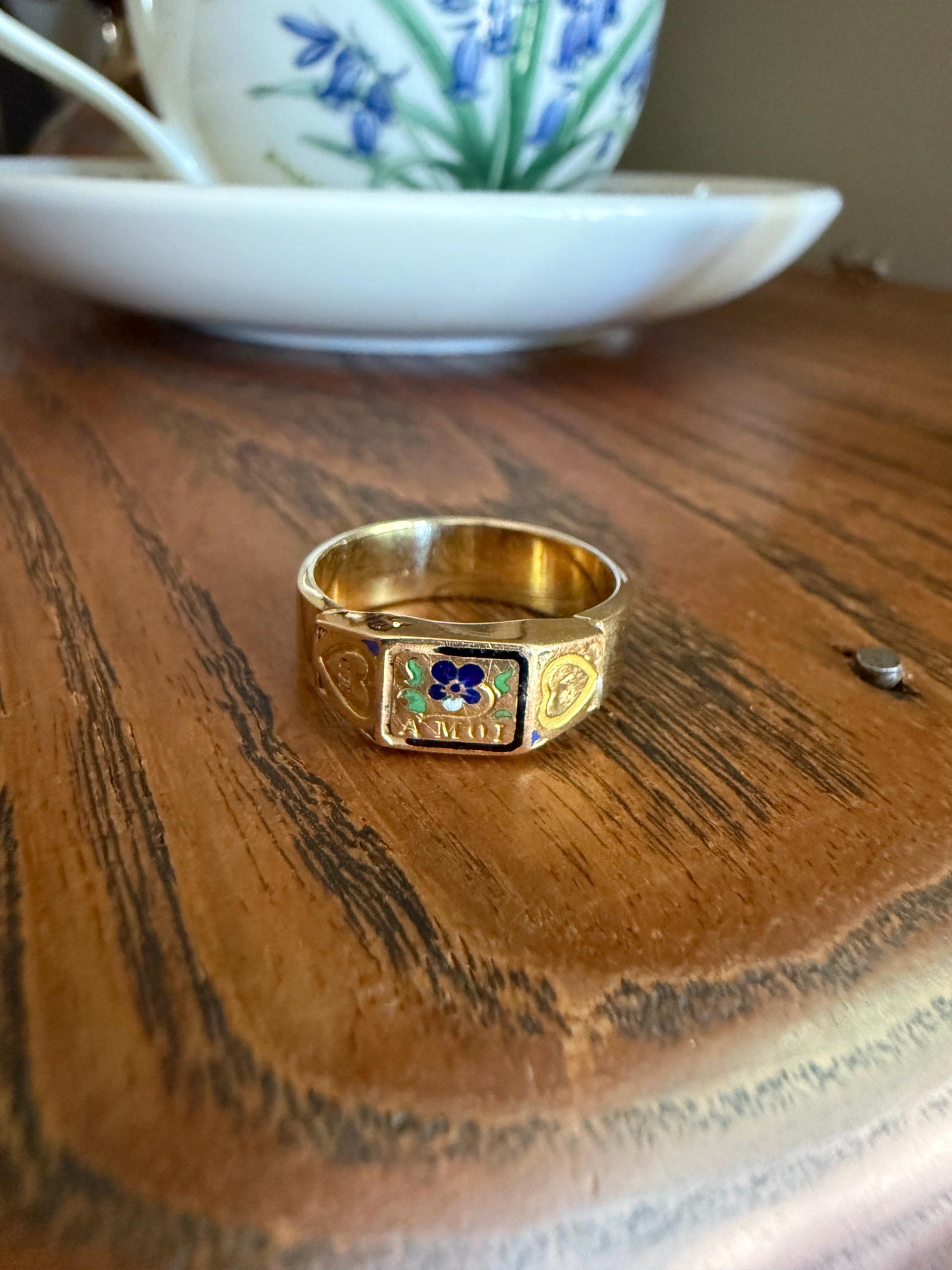 PANSY "Pensée a Moi" Think of Me Blue Green Enamel Heart Ring French 18k Gold 10k Cigar Wide Band Shank Floral Figural Stacker Romantic Gift