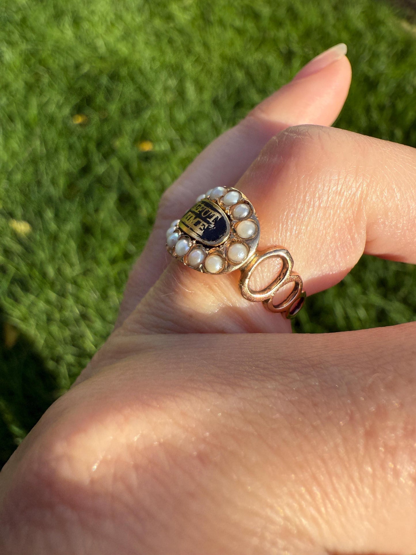 He Was Loved "Il Fut Aimé" Georgian Era French Mourning Ring Pearl Black Enamel 10k Gold Locket Back Sentimental Jewelry Gift Stacker