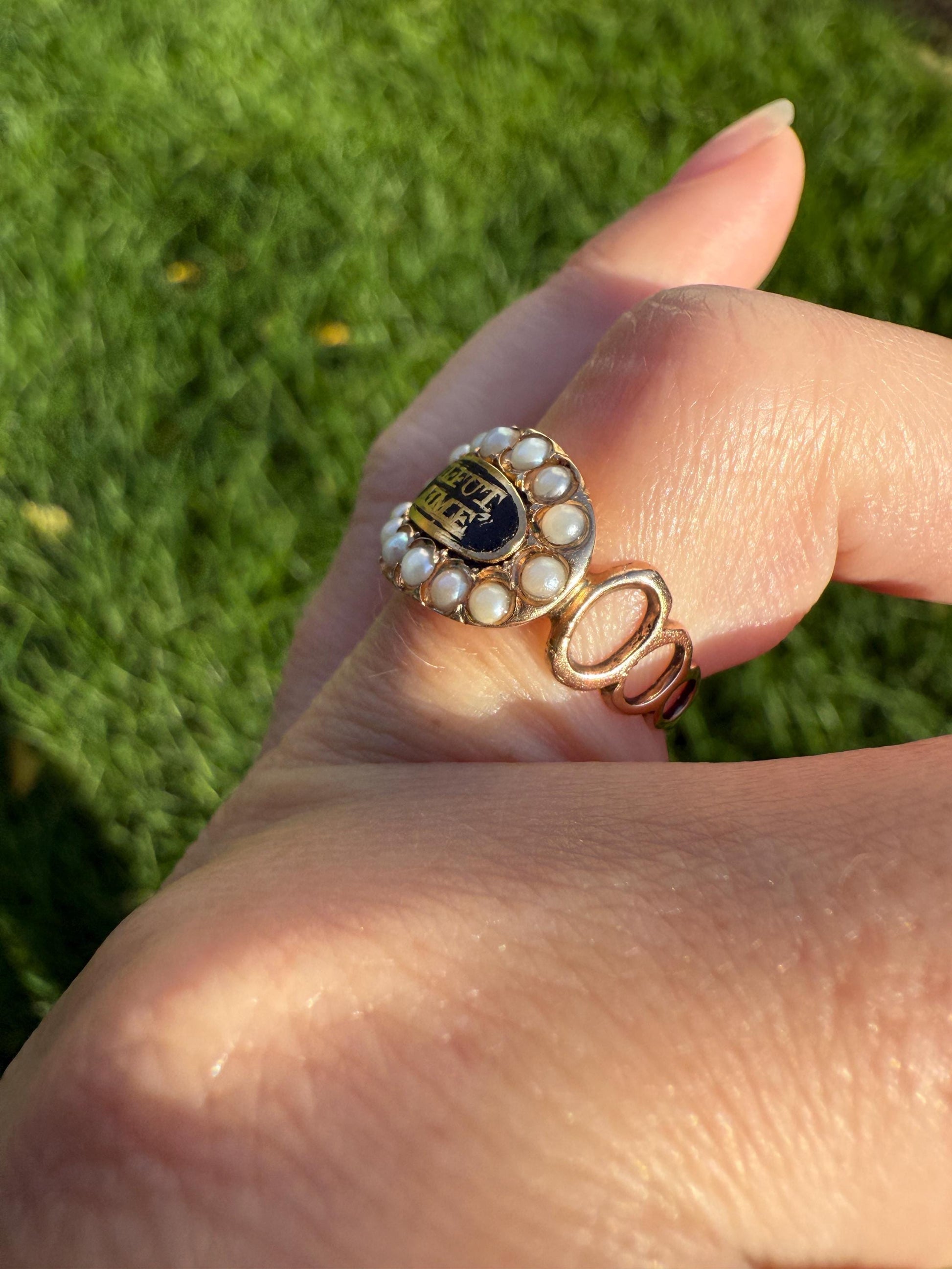 He Was Loved "Il Fut Aimé" Georgian Era French Mourning Ring Pearl Black Enamel 10k Gold Locket Back Sentimental Jewelry Gift Stacker