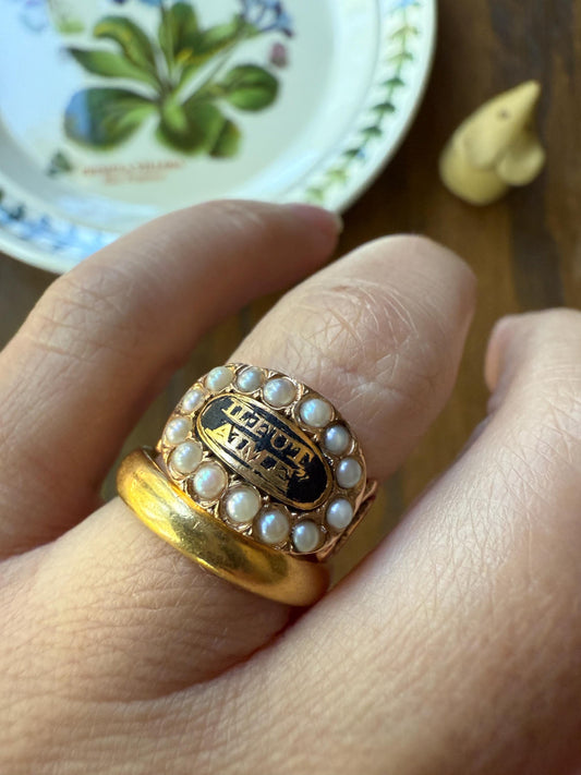 He Was Loved "Il Fut Aimé" Georgian Era French Mourning Ring Pearl Black Enamel 10k Gold Locket Back Sentimental Jewelry Gift Stacker