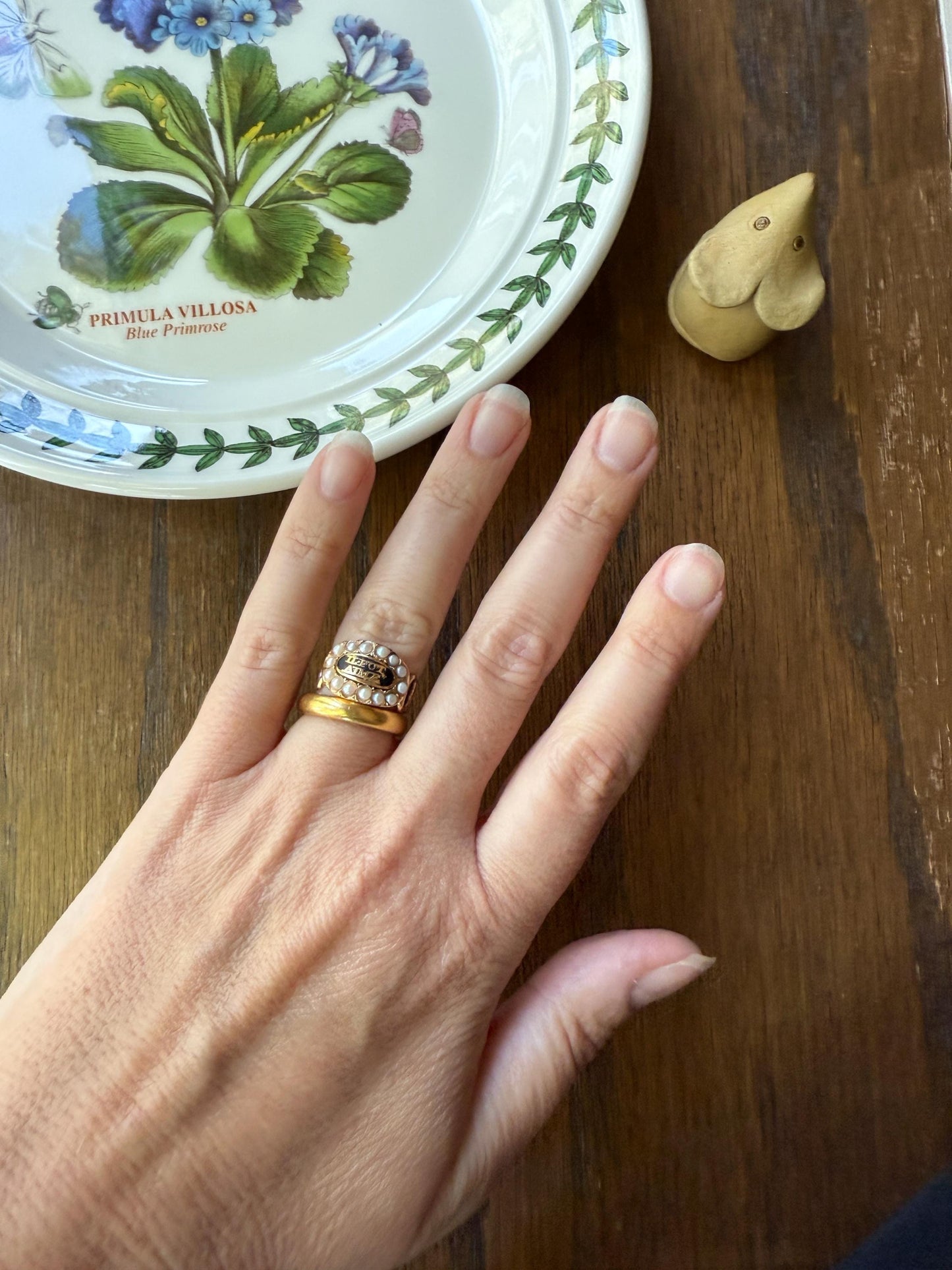 He Was Loved "Il Fut Aimé" Georgian Era French Mourning Ring Pearl Black Enamel 10k Gold Locket Back Sentimental Jewelry Gift Stacker