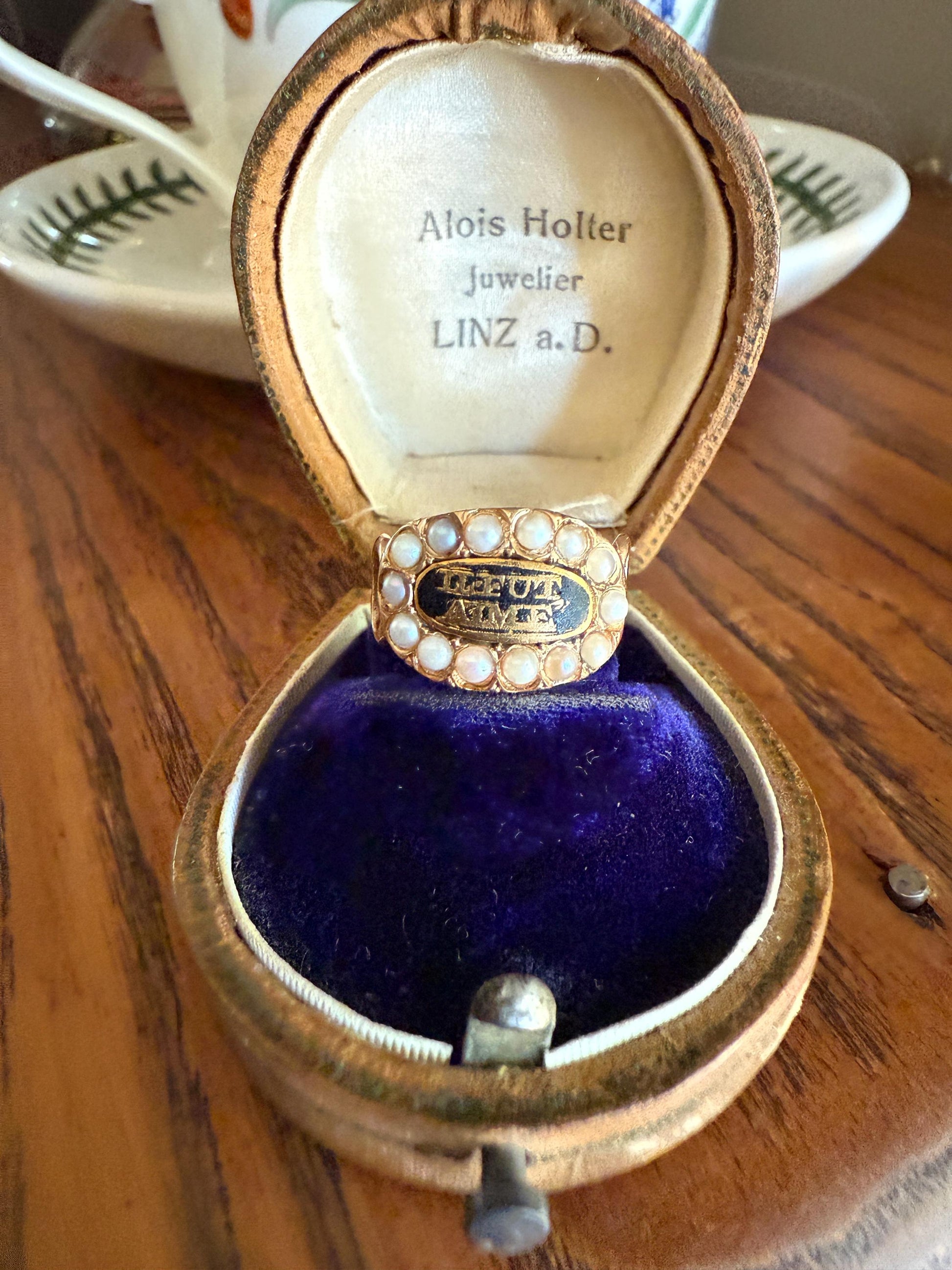 He Was Loved "Il Fut Aimé" Georgian Era French Mourning Ring Pearl Black Enamel 10k Gold Locket Back Sentimental Jewelry Gift Stacker