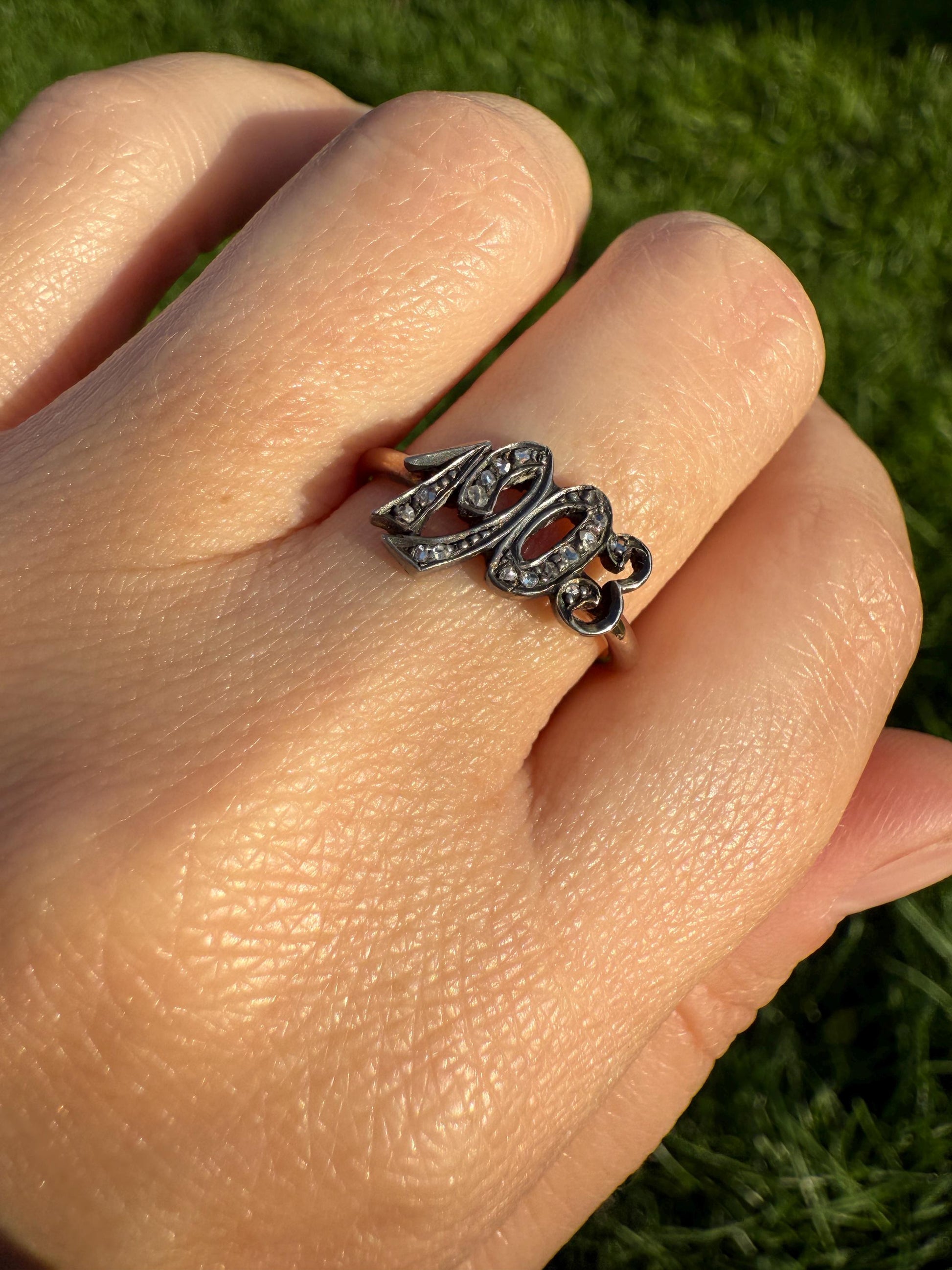Date Ring 1903 Rose Cut Diamond Gold Figural Ring 10k & Silver Gold Stacker Donut Band Dated Year Provenance Edwardian Period
