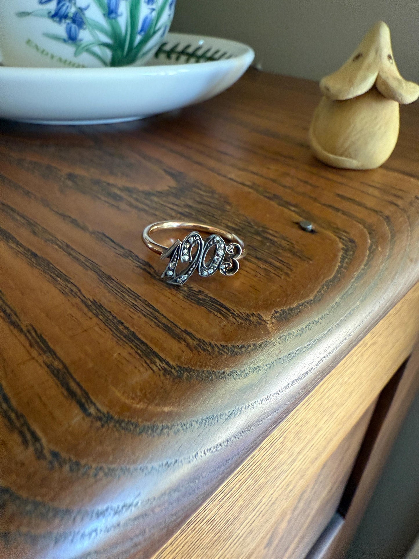 Date Ring 1903 Rose Cut Diamond Gold Figural Ring 10k & Silver Gold Stacker Donut Band Dated Year Provenance Edwardian Period