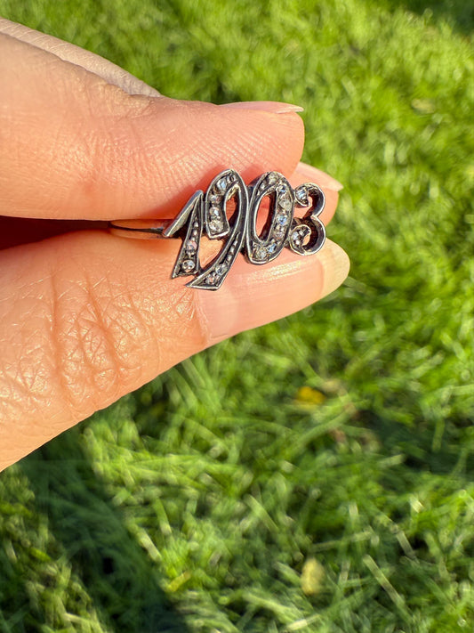 Date Ring 1903 Rose Cut Diamond Gold Figural Ring 10k & Silver Gold Stacker Donut Band Dated Year Provenance Edwardian Period