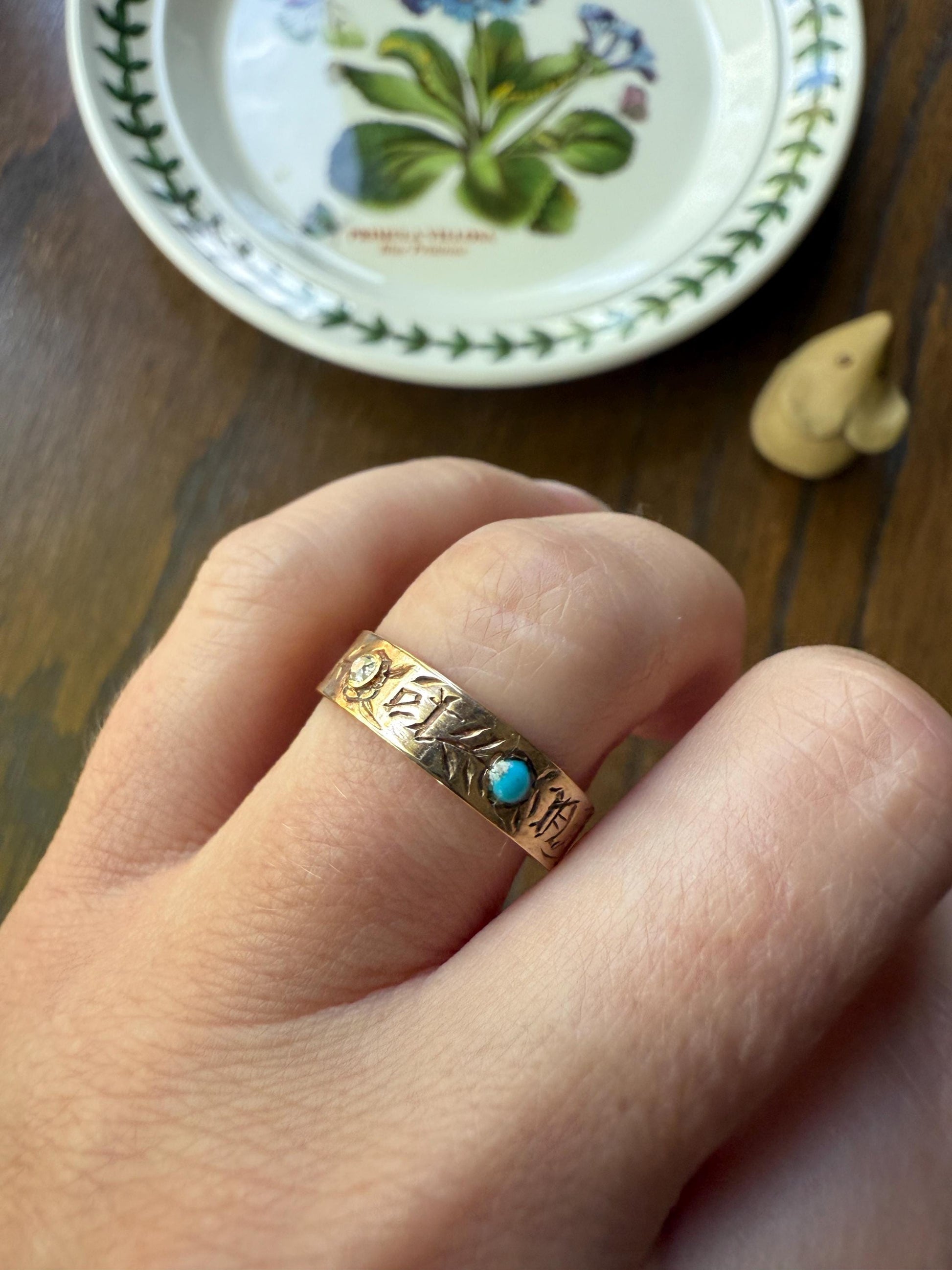 You and No Other French "Vous et Nul Autre" Old Mine Cut Diamond Turquoise Eternity Ring Wedding Cigar Band 14K Gold Jewelry with Words Gift